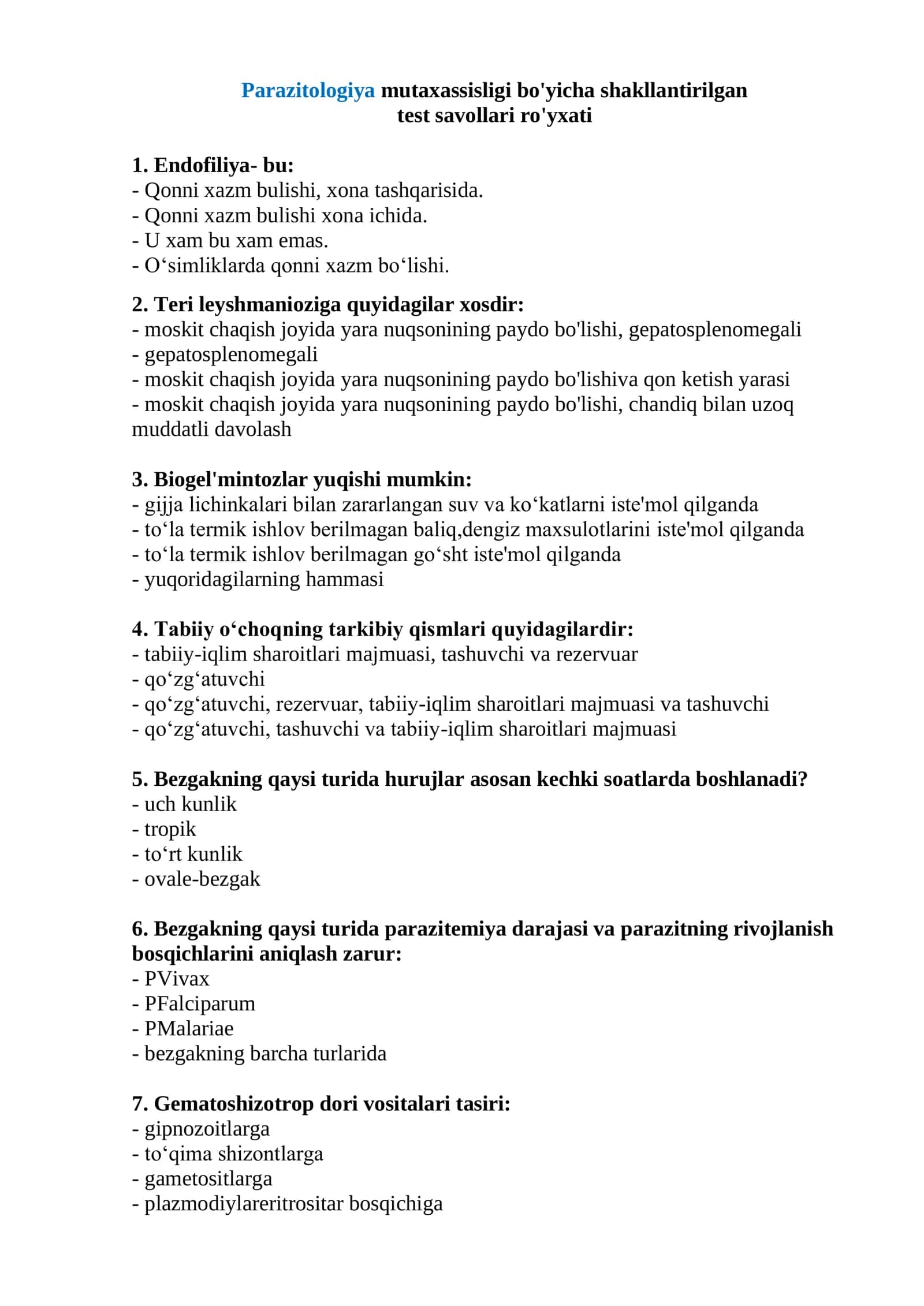 Parazitologiya mutaxassisligi bo'yicha shakllantirilgan test savollari 2026
