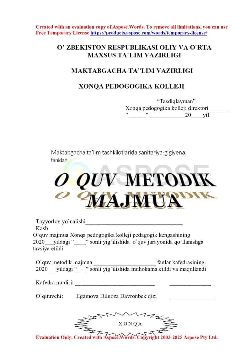 O‘quv uslubiy majmua: Maktabgacha ta’lim tashkilotlarida sanitariya-gigiyena me’yorlari