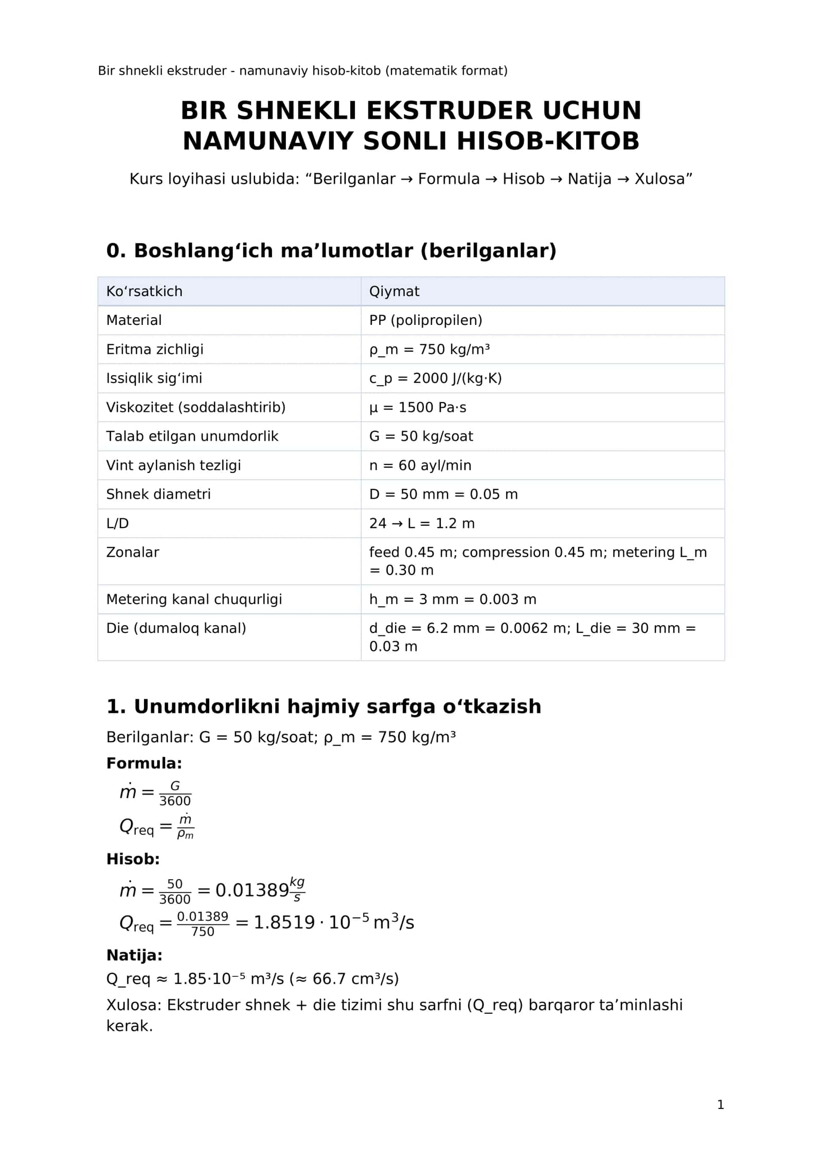 Bir shnekli ekstruder - namunaviy hisob-kitob (matematik format)