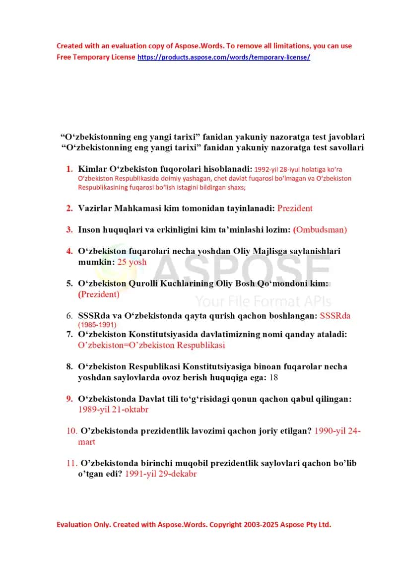 O'zbekiston tarixi test toliq javoblari 100 ta