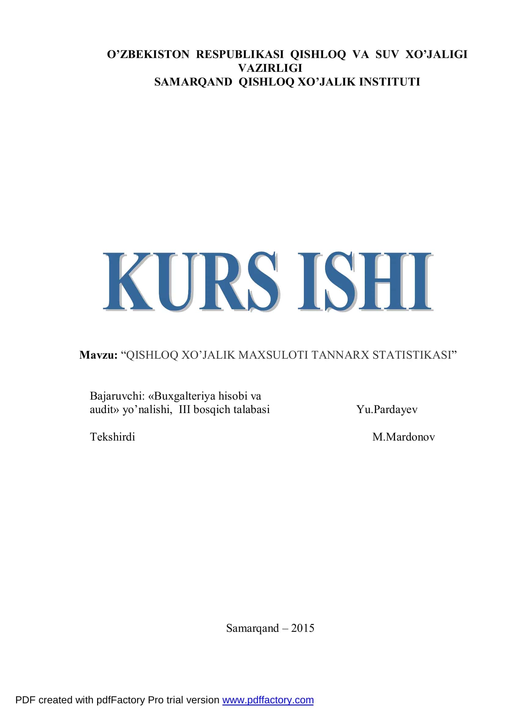 QISHLOQ XO’JALIK MAXSULOTI TANNARX STATISTIKASI