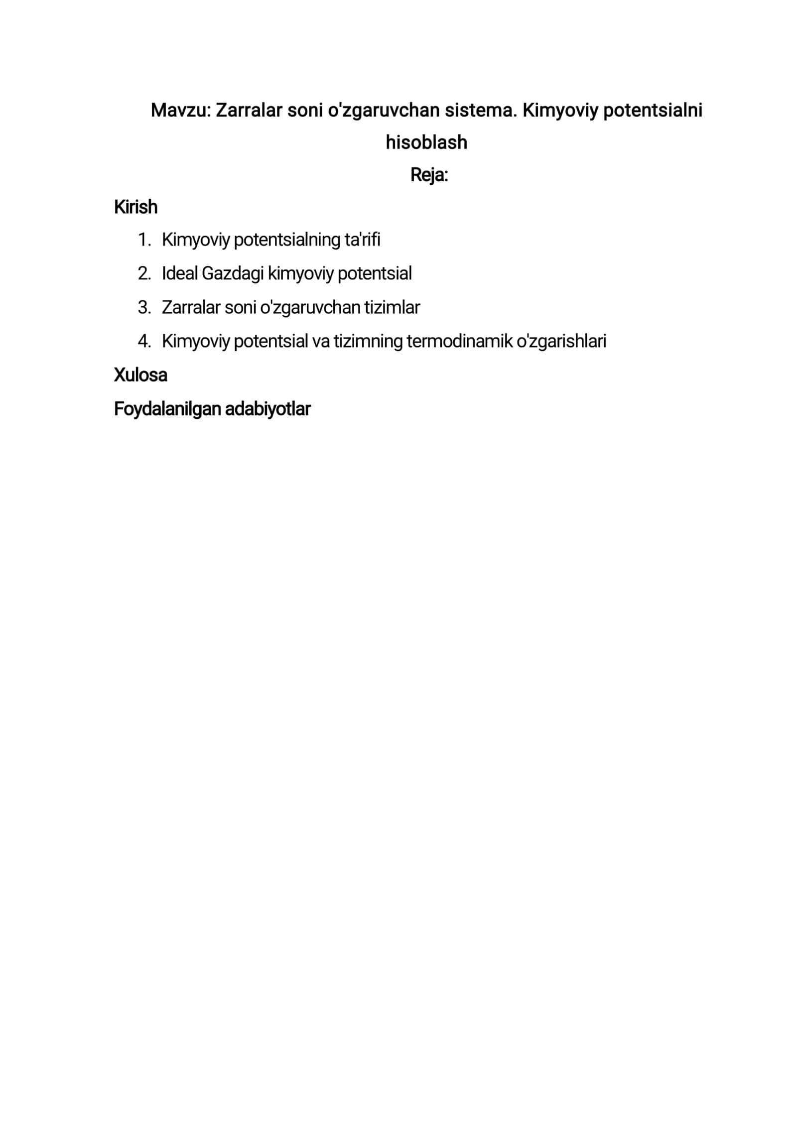 Zarralar soni o'zgaruvchan sistema. Kimyoviy potentsialni hisoblash
