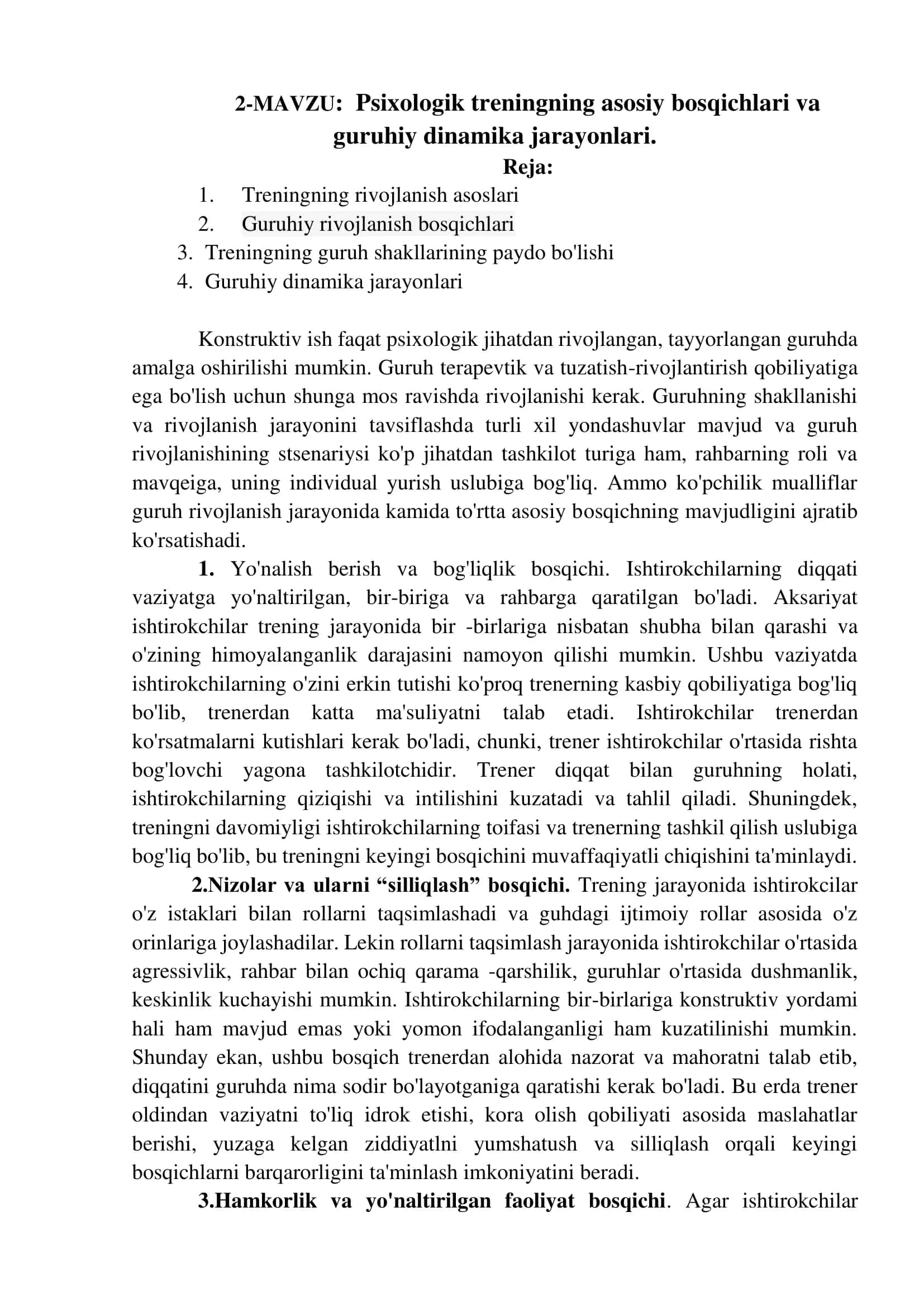 psixologik treningning asosiy bosqichlari