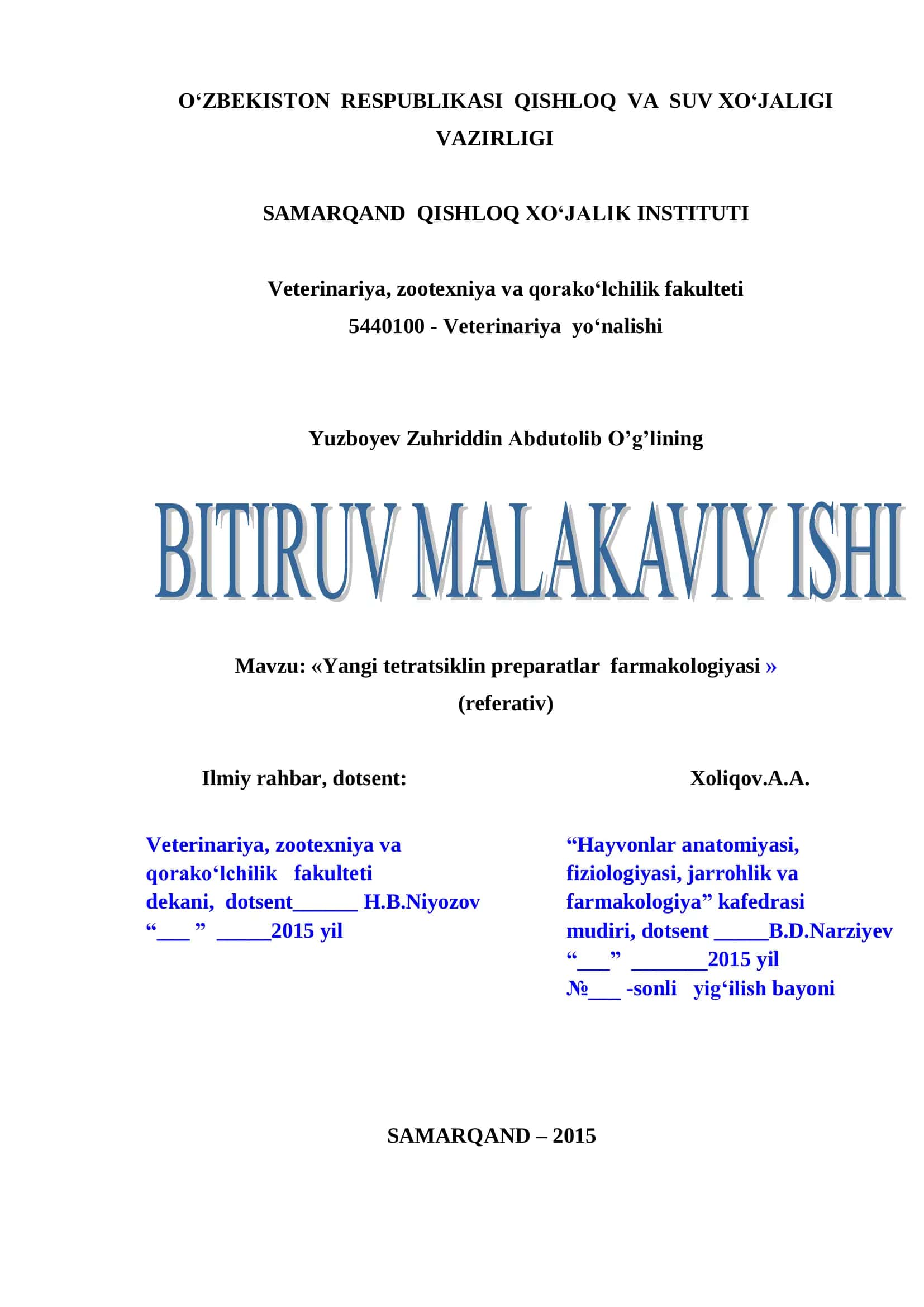 Yangi tetratsiklin preparatlar farmakologiyasi