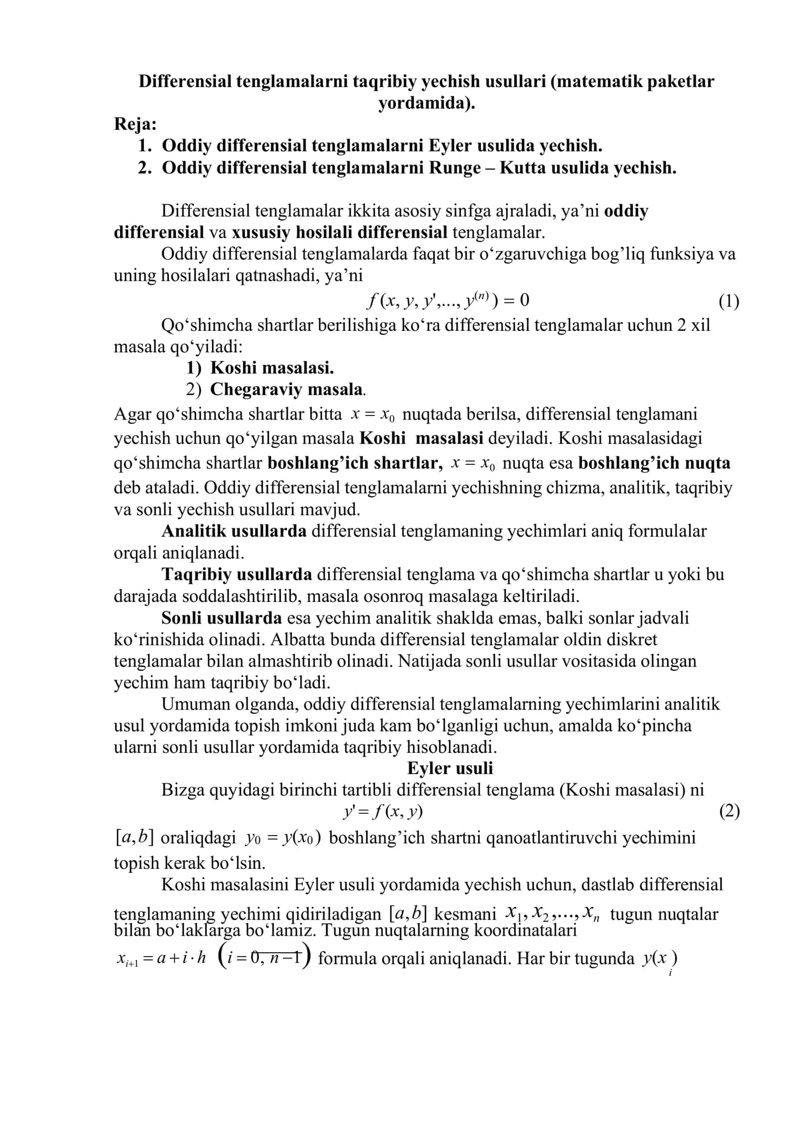Differensial tenglamalarni analitik va taqribiy yechish usullari
