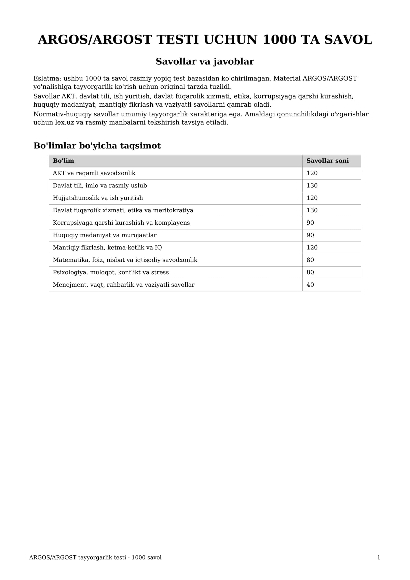 ARGOS/ARGOST tayyorgarlik testi - 1000 savollarga javobi bilan. Argost testi