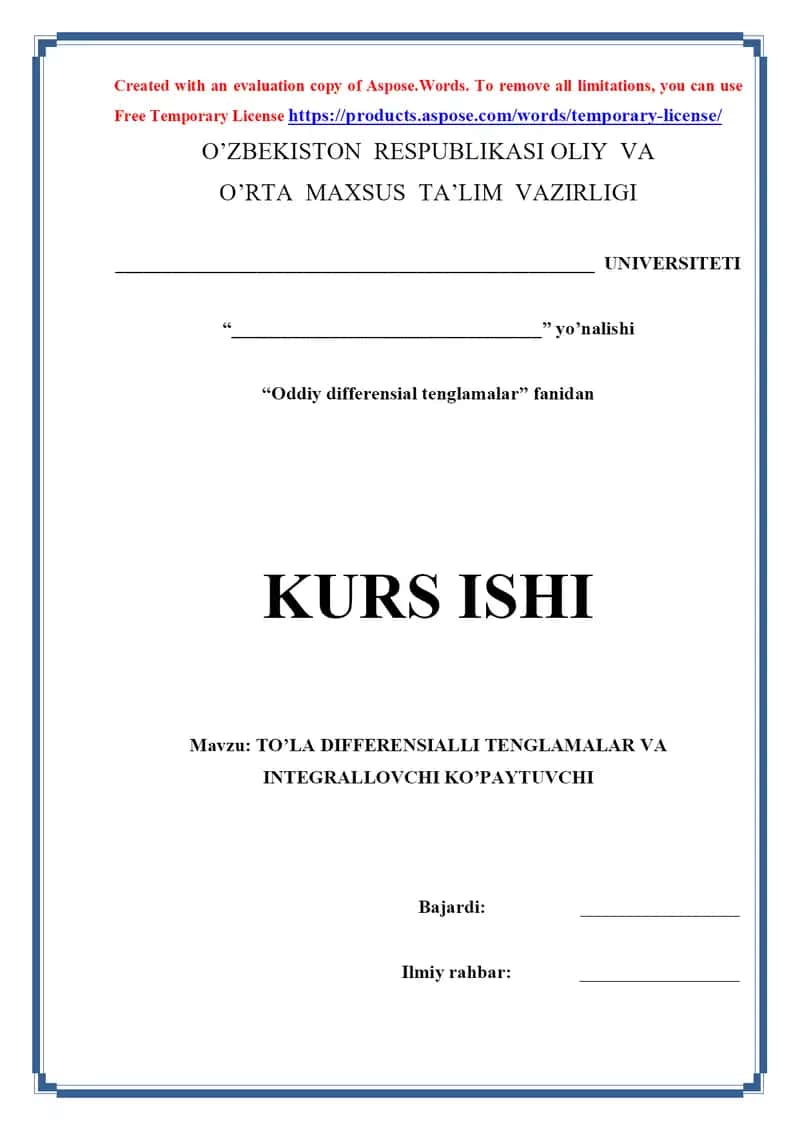 To’la differensialli tenglamalar va integrallovchi ko’paytuvchi