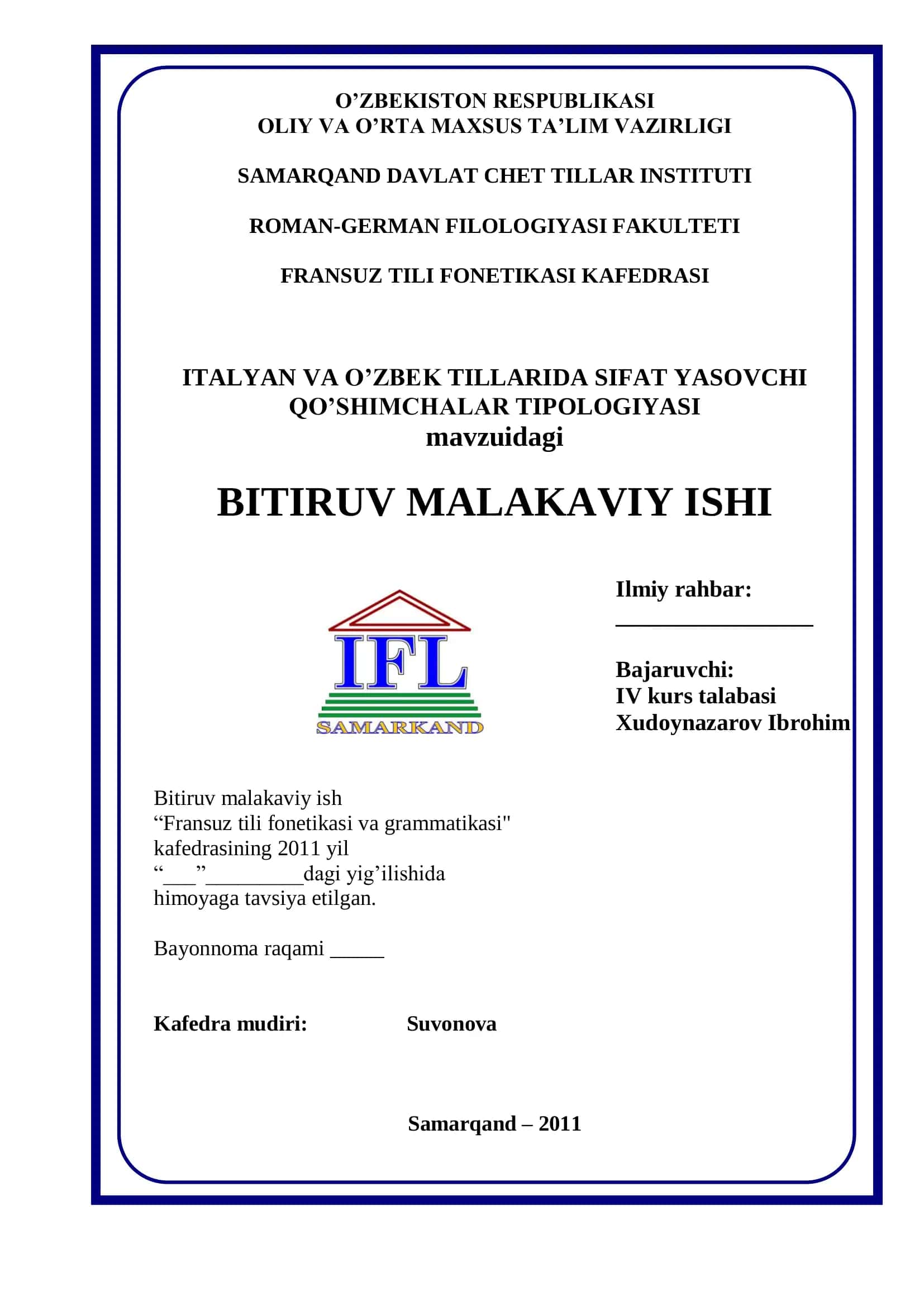 Italyan va O'zbek tillarida sifar yasovchi qo'shimchalar tipologiyasi