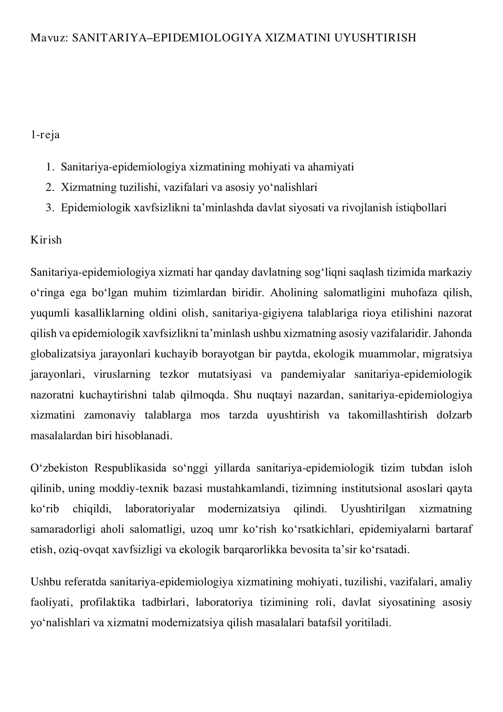 SANITARIYA–EPIDEMIOLOGIYA XIZMATINI UYUSHTIRISH