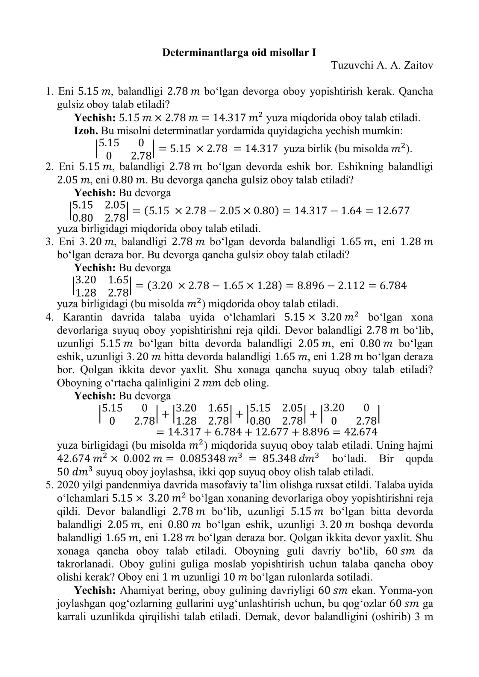Determinantlarga oid misollar I