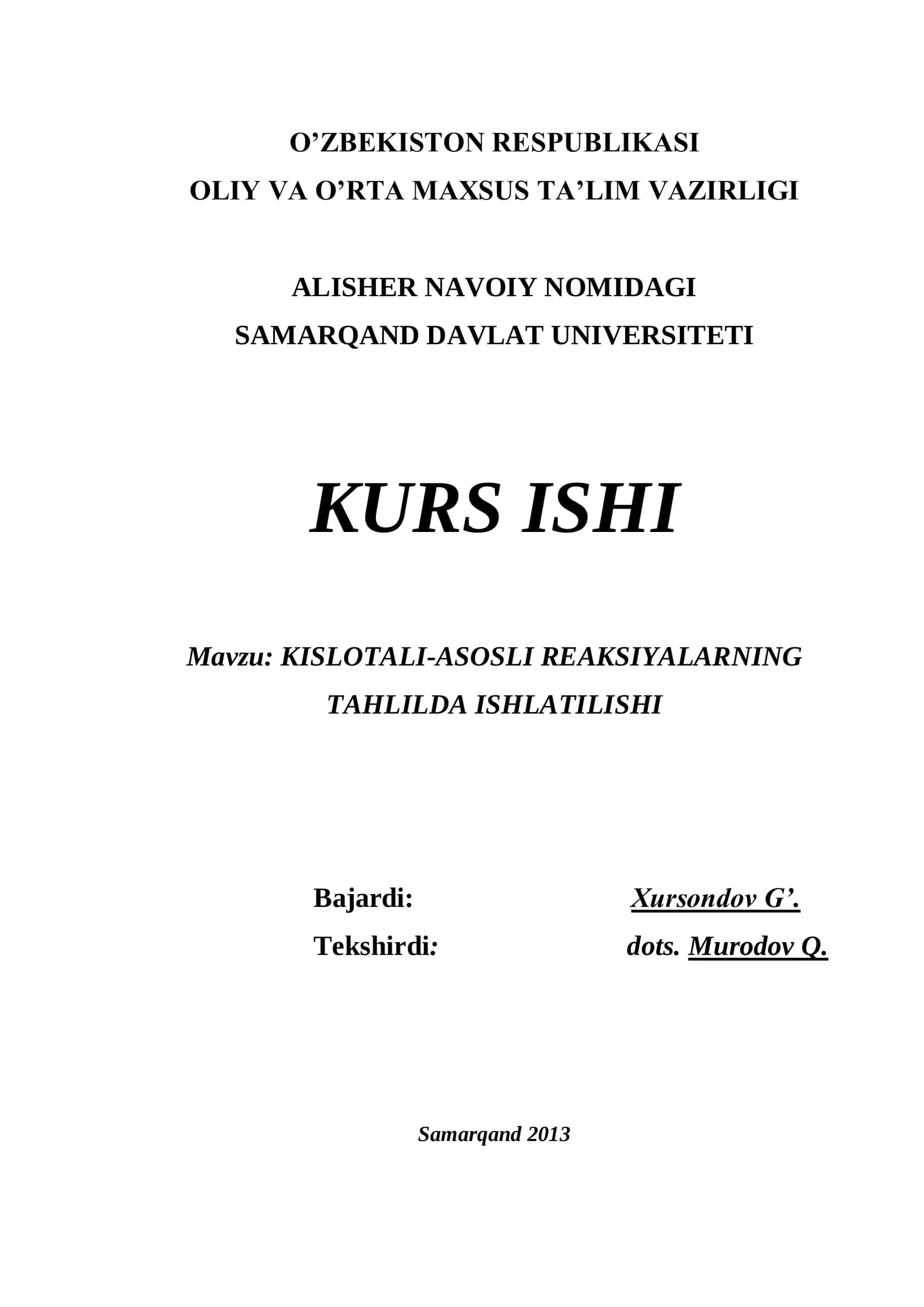 KISLOTALI-ASOSLI REAKSIYALARNING TAHLILDA ISHLATILISHI