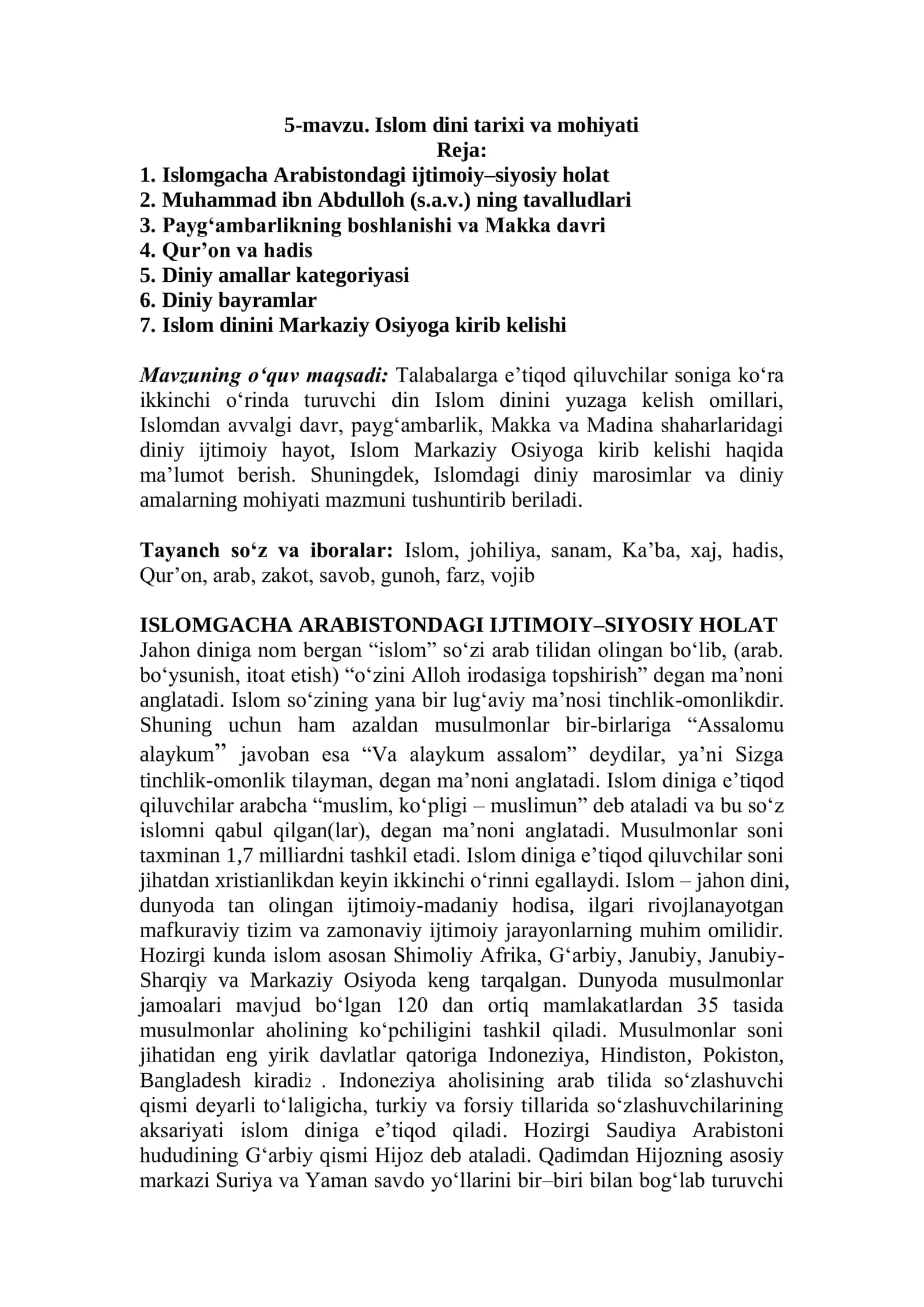 5-mavzu. Islom dini tarixi va mohiyati