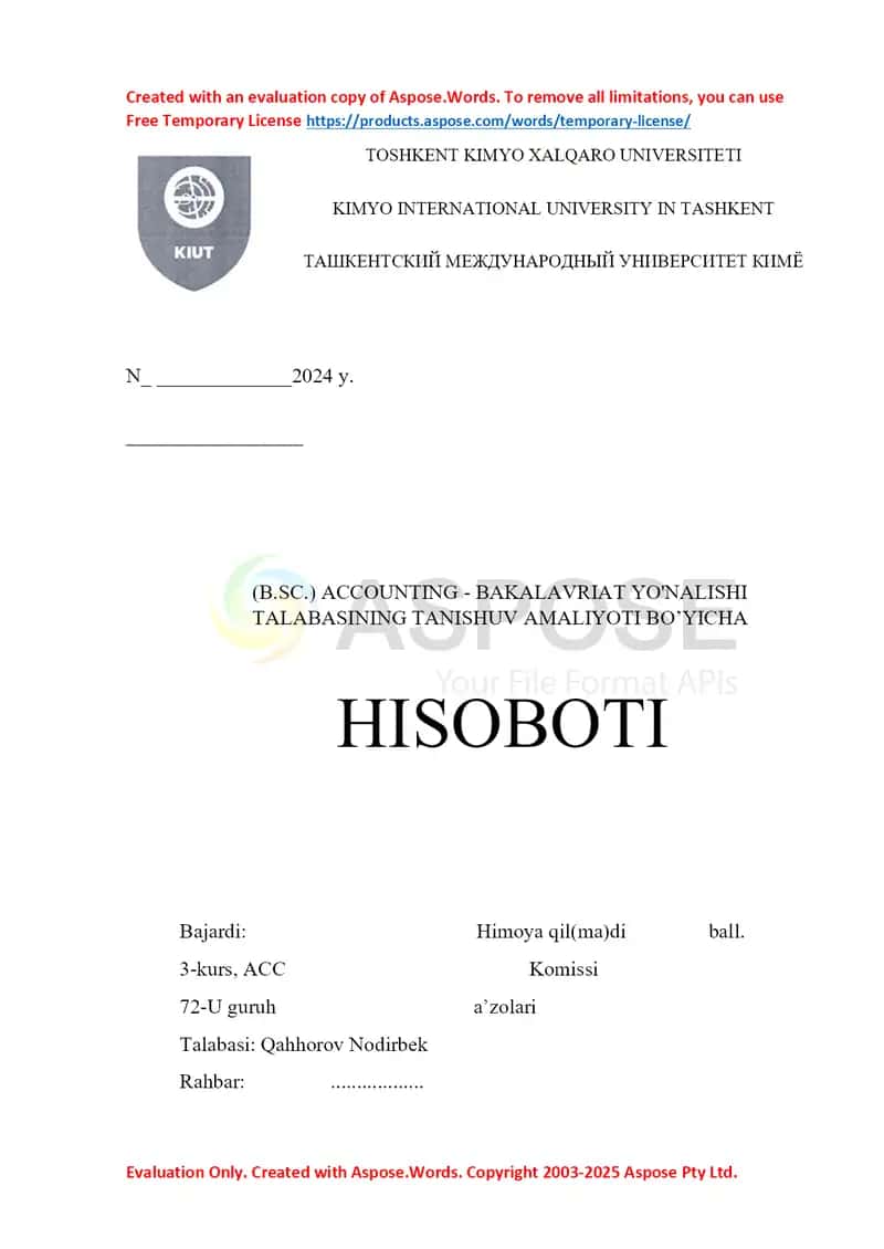 AMALIYOT HISOBOTI.•	Tashkilot nomi: “RUSTAM FID KOMPLEKS” MCHJ•	Tashkilot shakli: Mas’uliyati cheklangan jamiyat (MCHJ)
•	Faoliyat turi: Sport ob’ektlari faoliyati