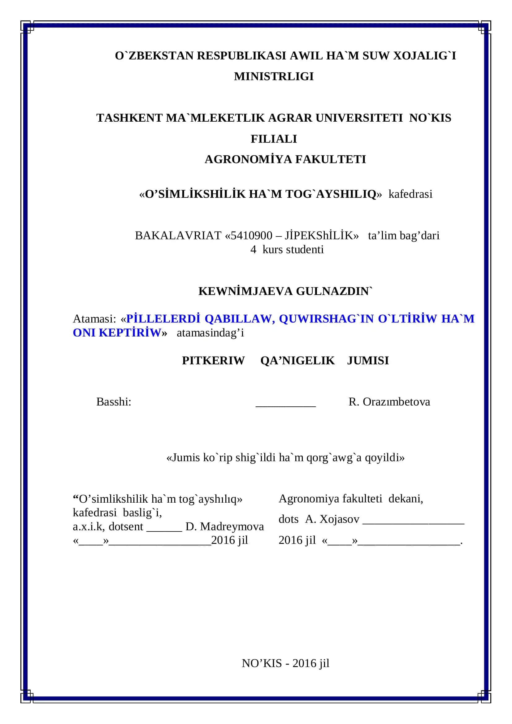 O`SİMLİKSHİLİK HA`M TOG`AYSHILIQ