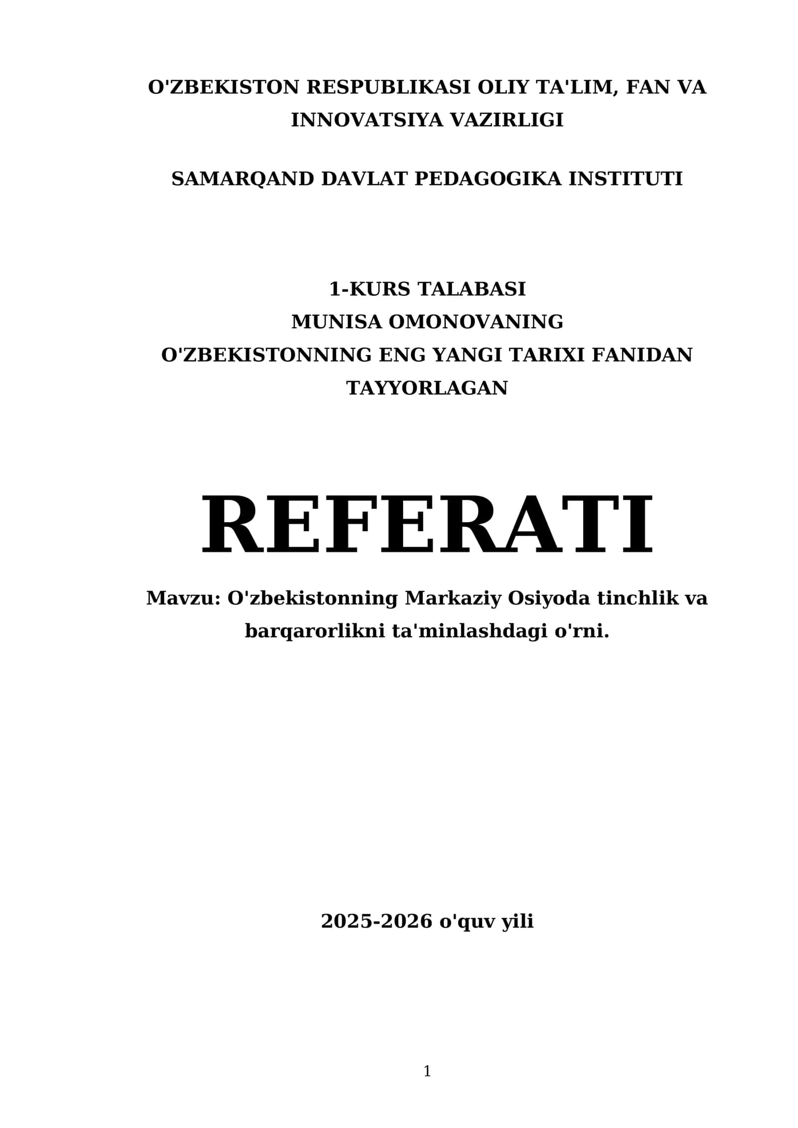 O'zbekistonning eng yangi tarixi fanidan tayyorlagan referati