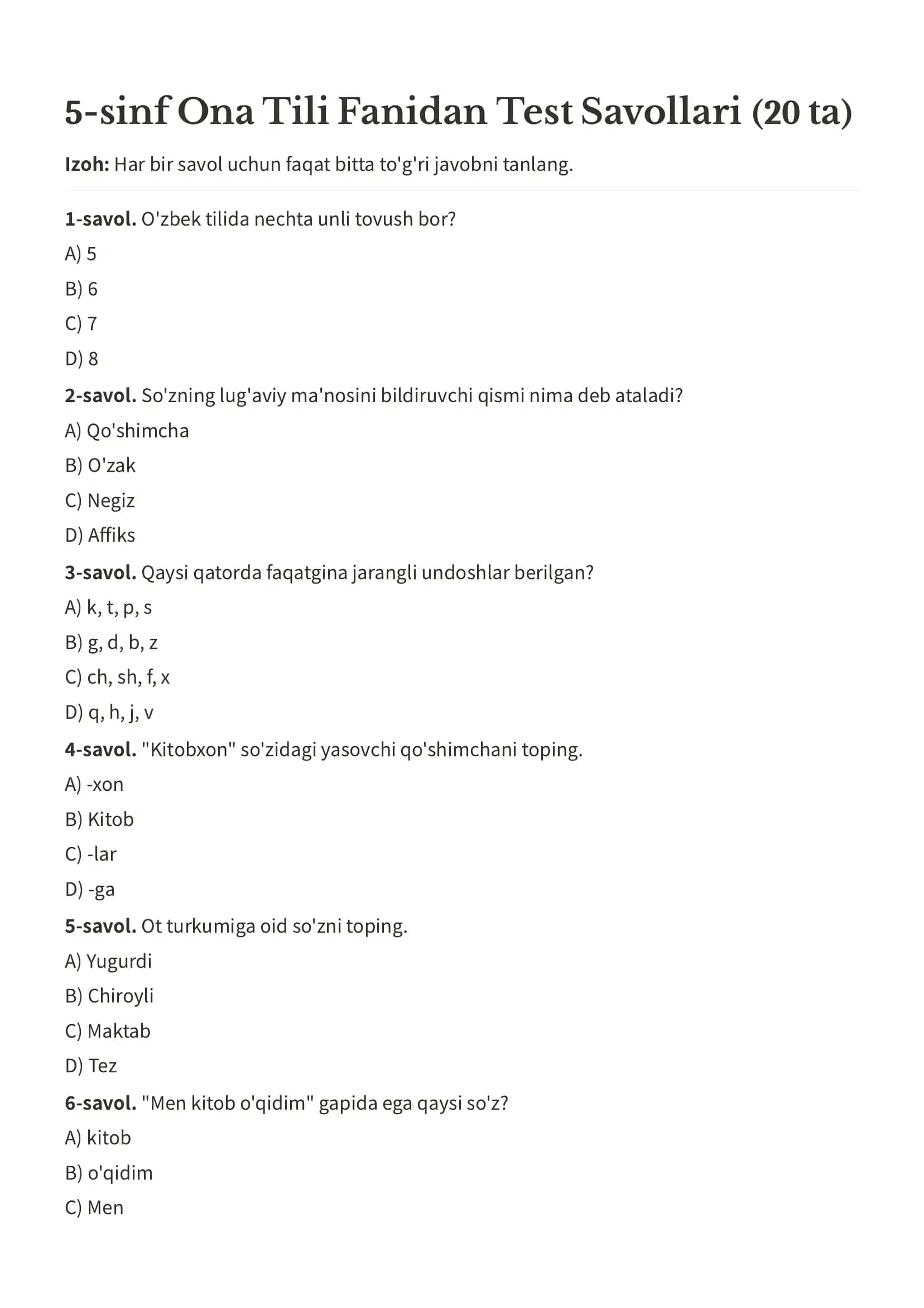 Ona tili test 5-sinf uchun