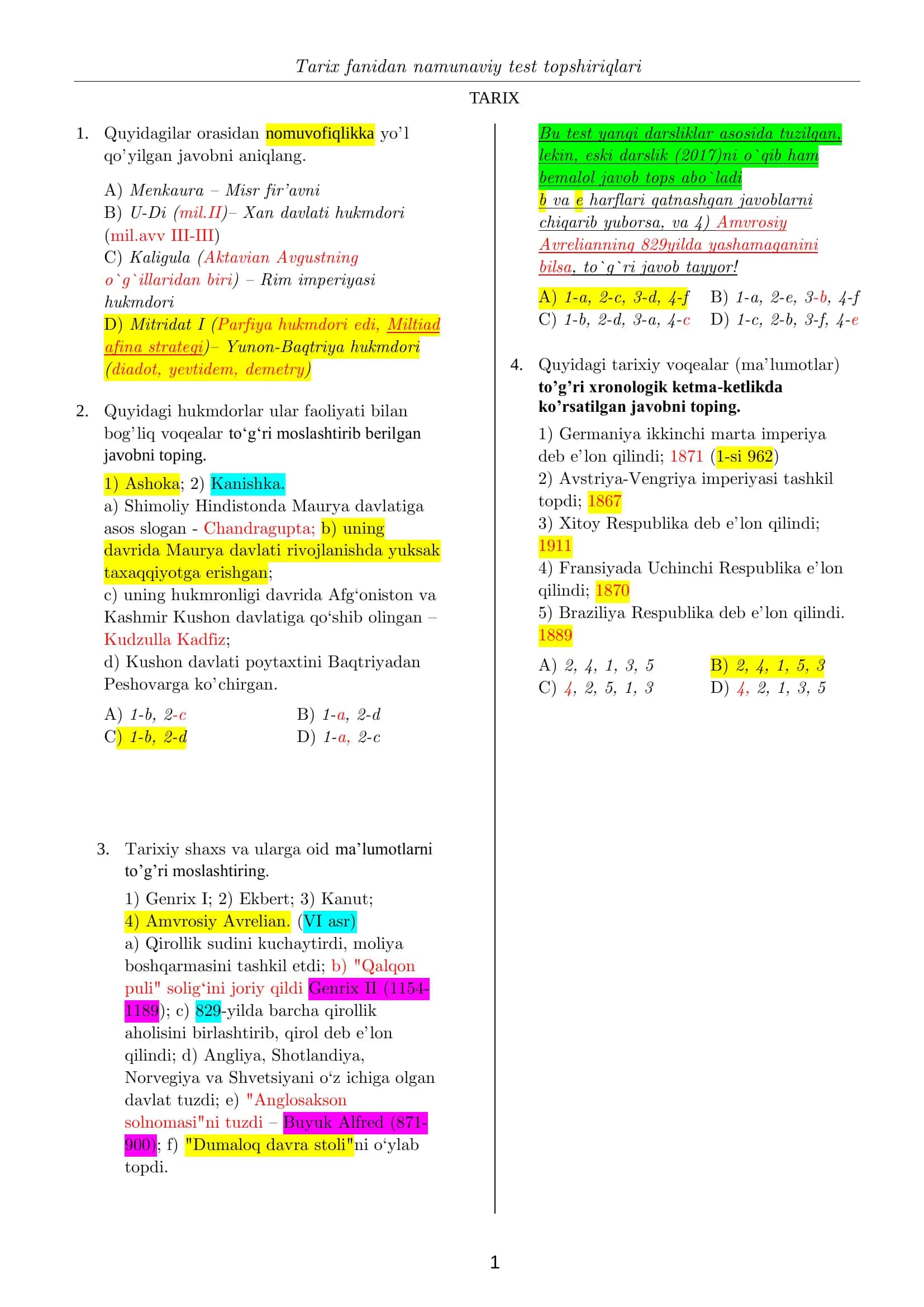Tarix fanidan namunaviy test topshiriqlari