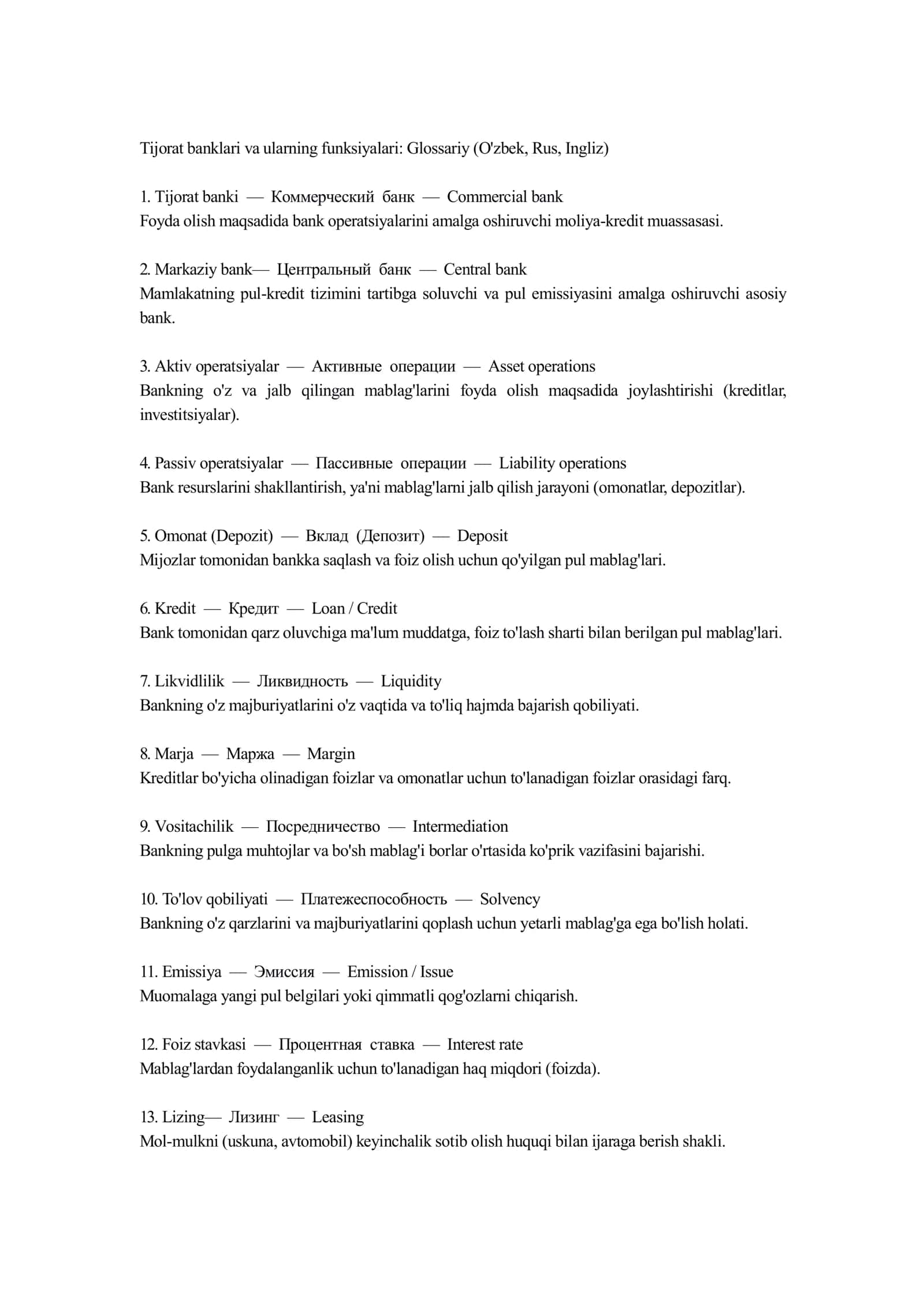 Tijorat banklari va ularning funksiyalari: Glossariy (O'zbek, Rus, Ingliz)