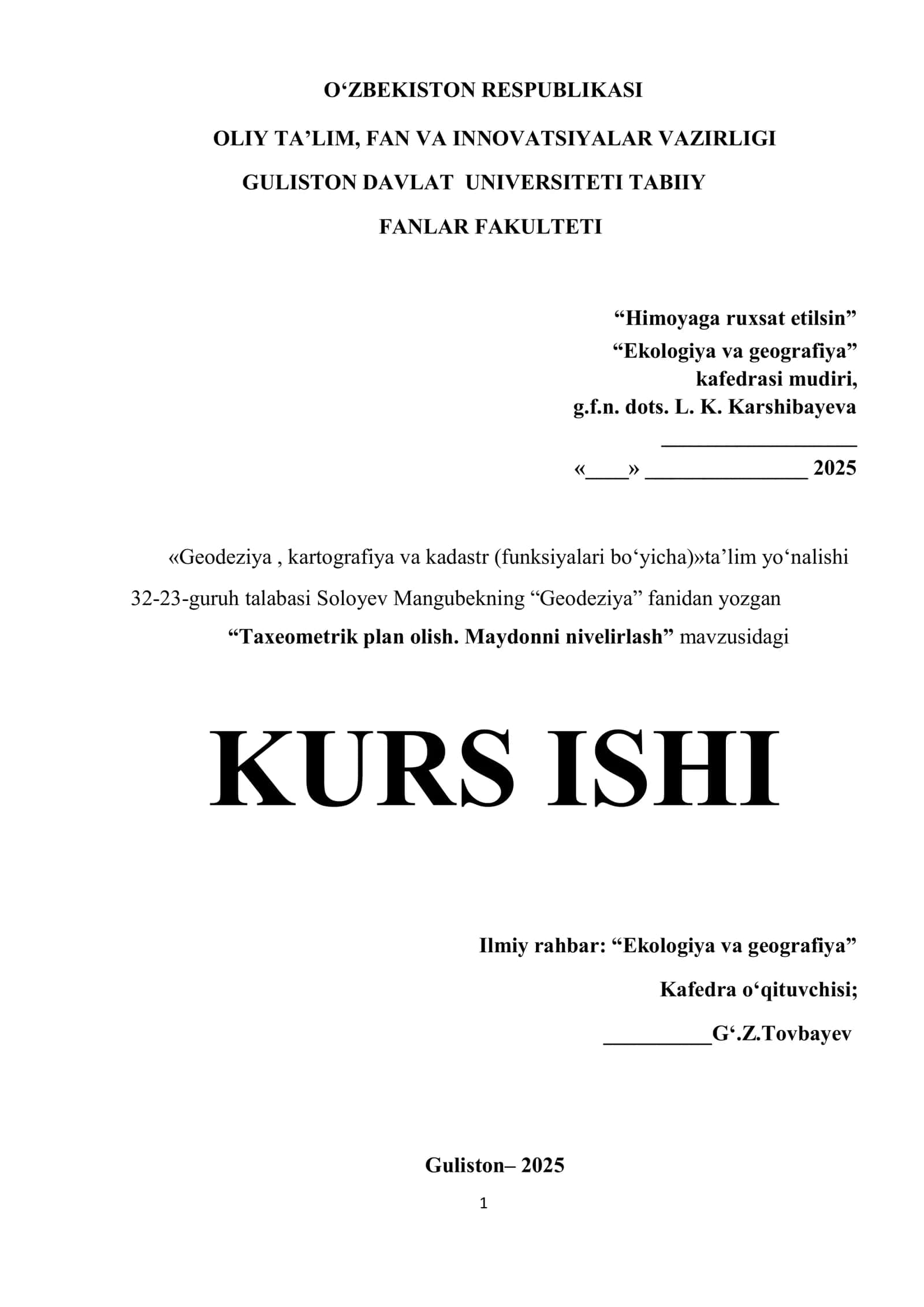 Taxeometrik plan olish. Maydonni nivelirlash