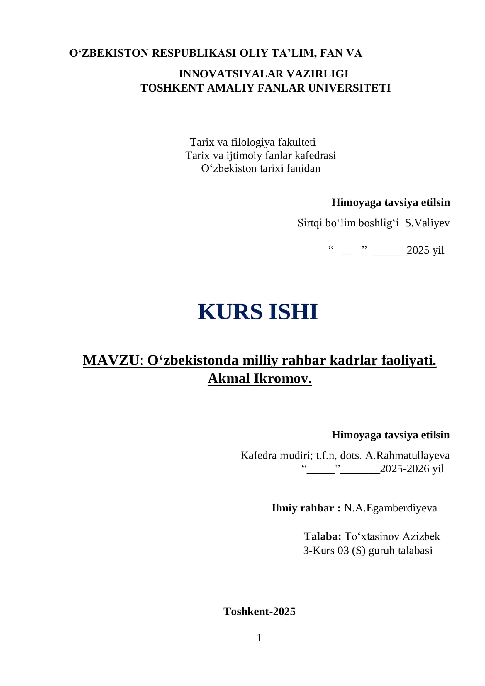 O‘zbekistonda milliy rahbar kadrlar faoliyati Kurs ishi