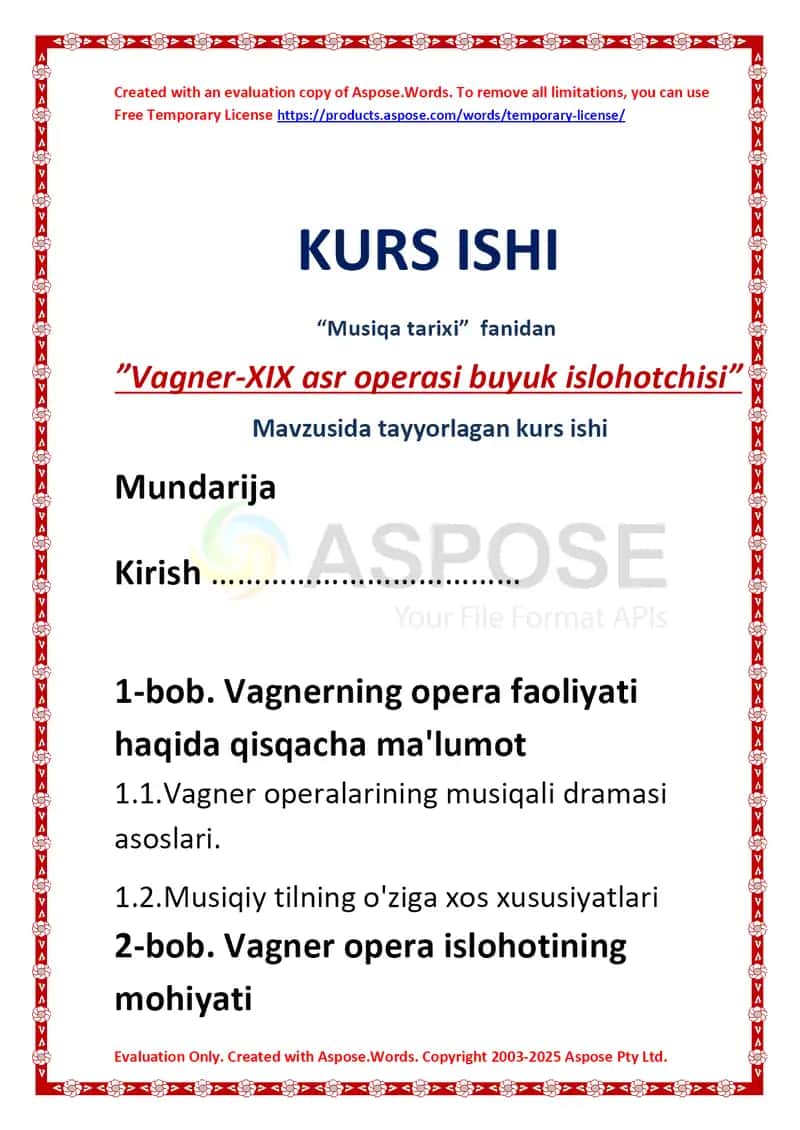 Vagner-XIX asr operasi buyuk islohotchisi mavzusida tayyorlangan kurs ishi