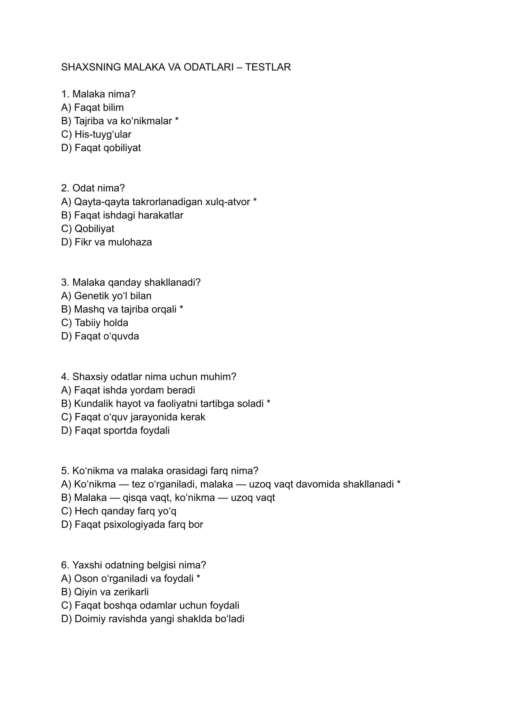 SHAXSNING MALAKA VA ODATLARI – TESTLAR