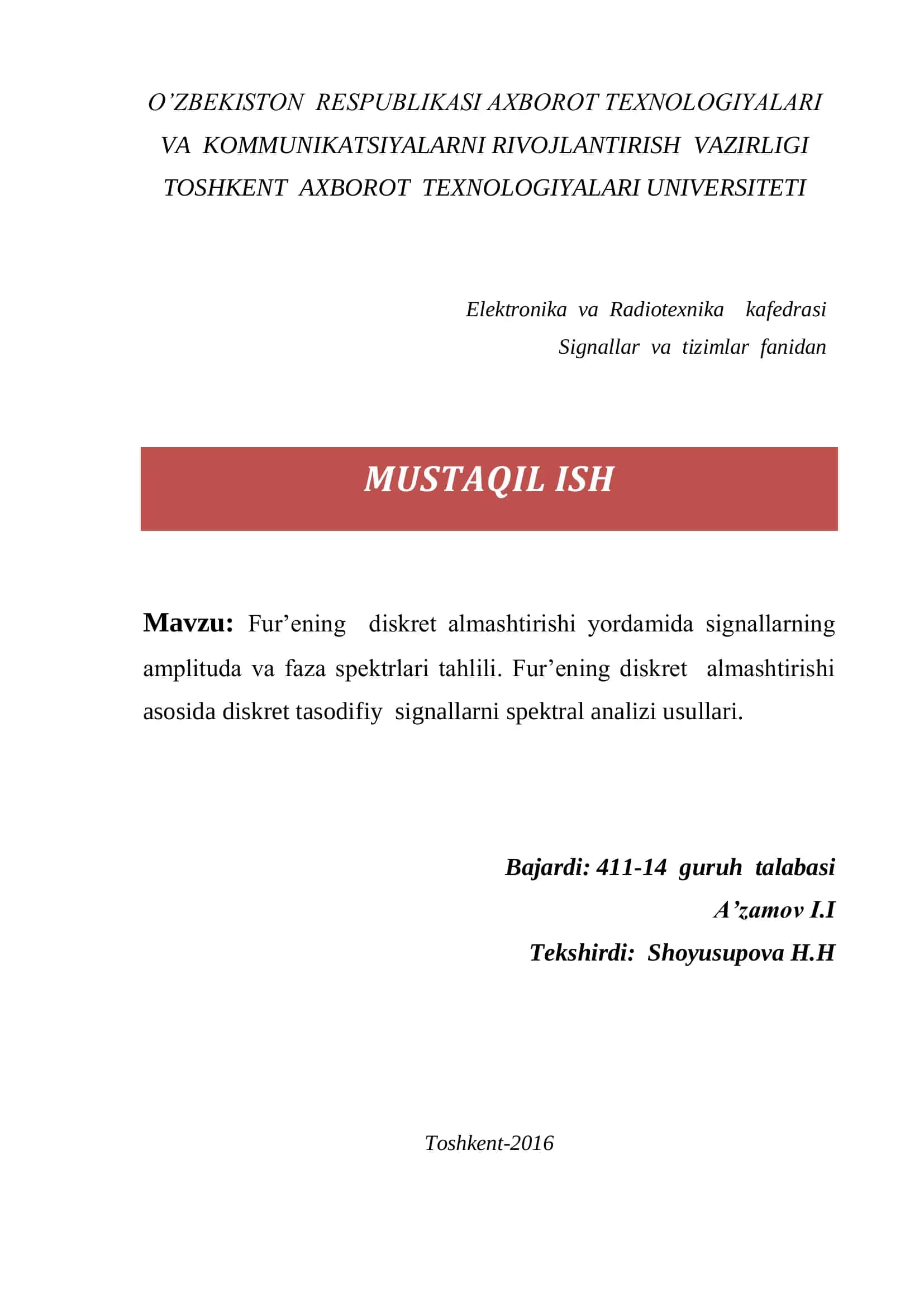 Fur’ening diskret almashtirishi yordamida signallarning amplituda va faza spektrlari tahlili