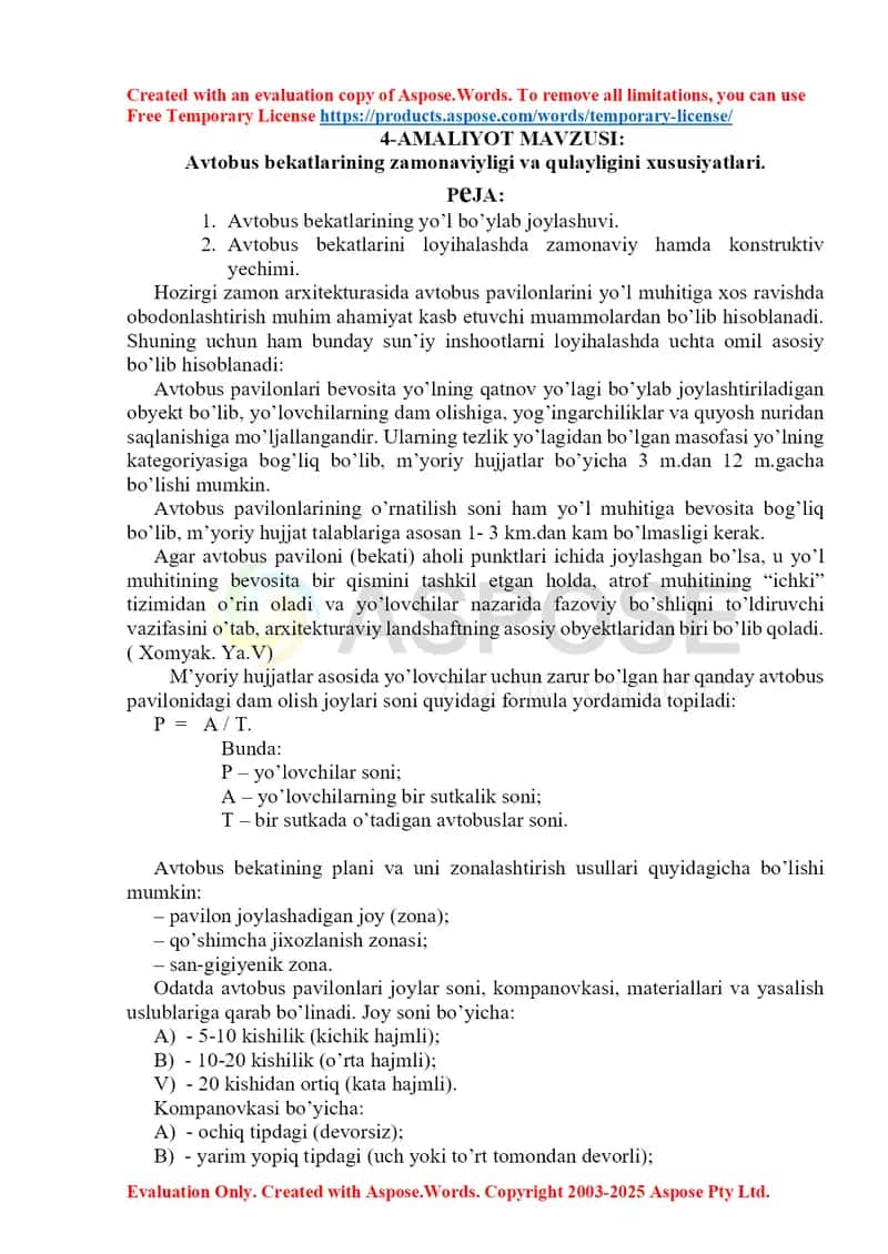 Avtobus bekatlari pavilonlarini loyihalash bo‘yicha amaliy ish