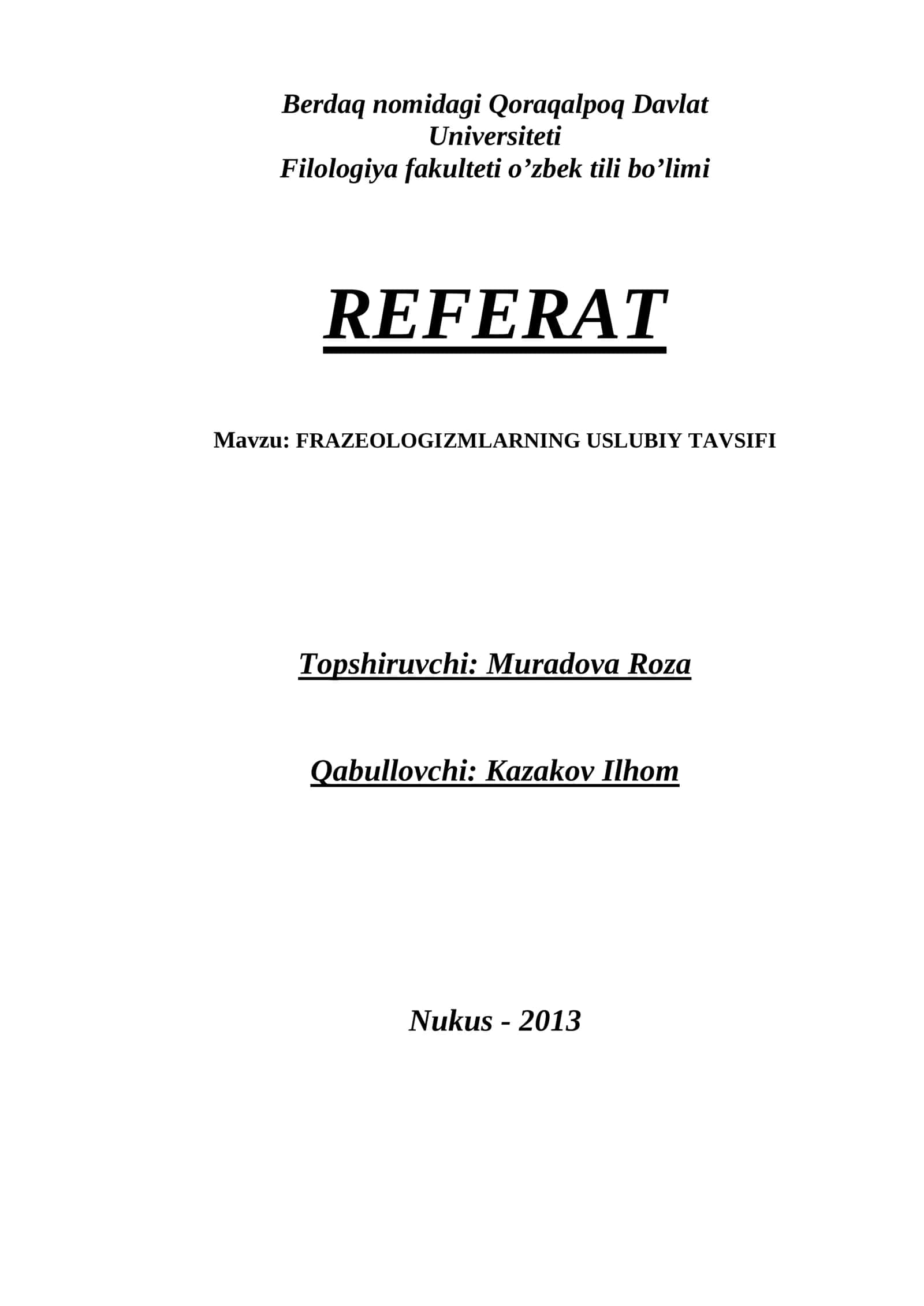 FRAZEOLOGIZMLARNING USLUBIY TAVSIFI