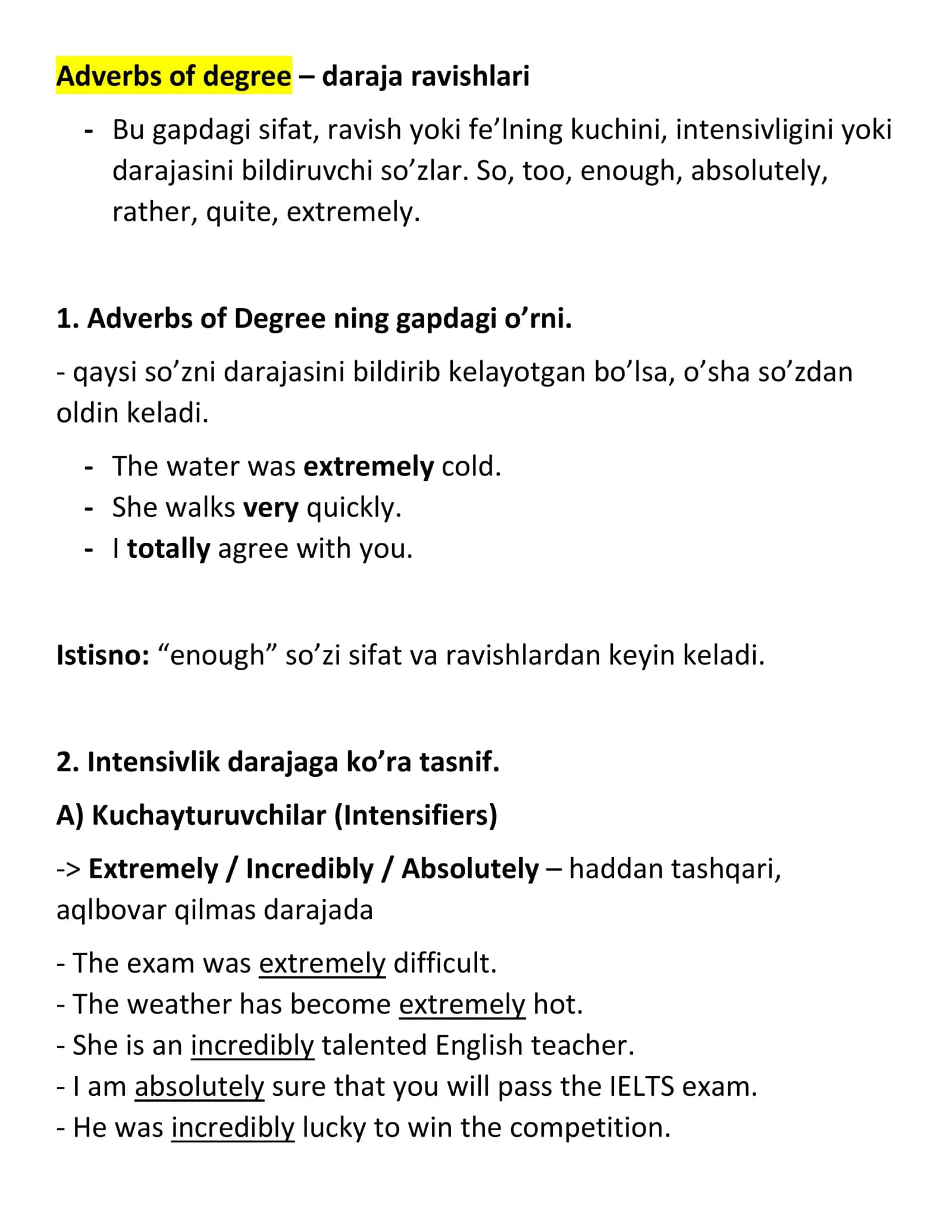 Adverbs of degree – daraja ravishlari