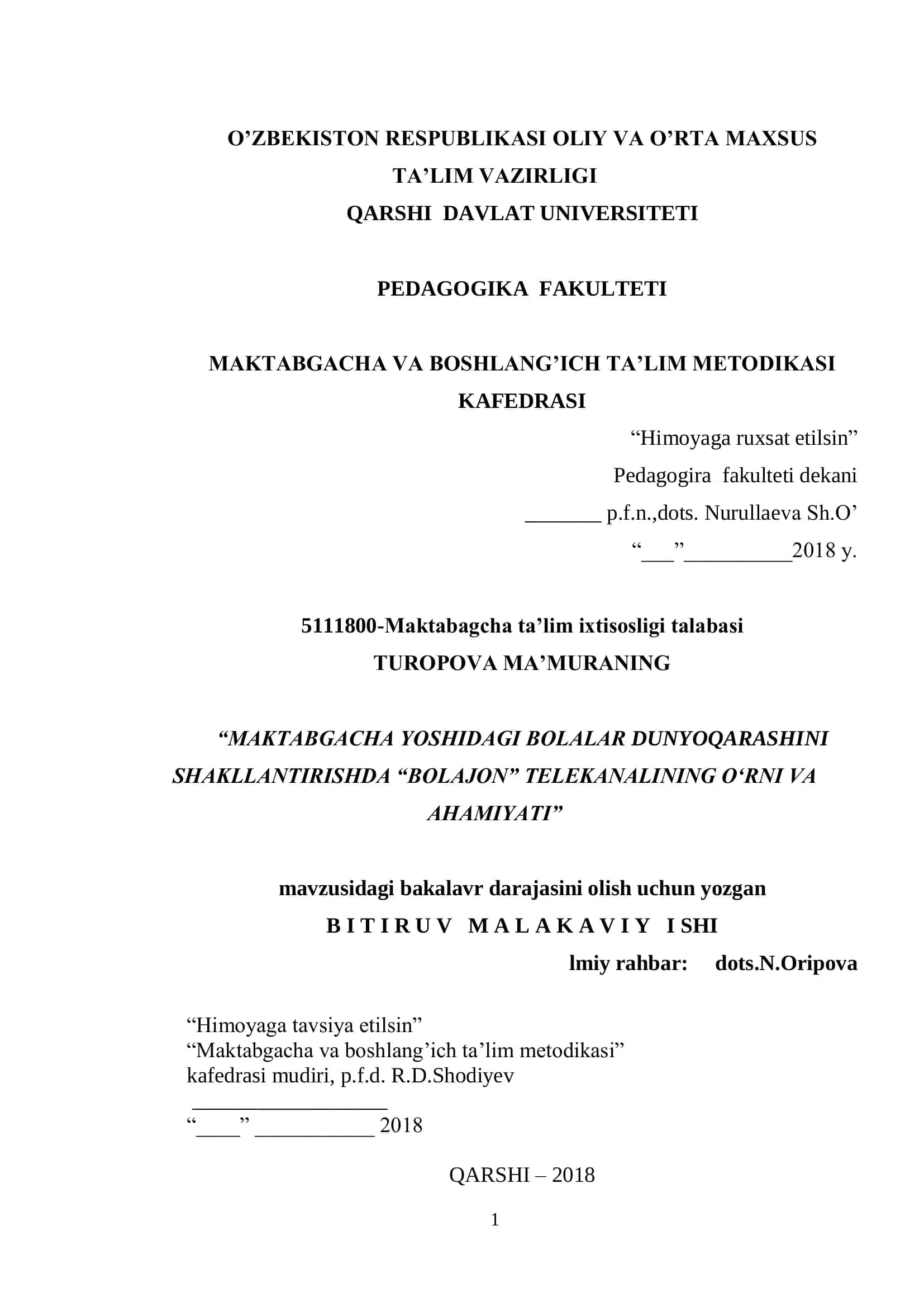 MAKTABGACHA YOSHIDAGI BOLALAR DUNYOQARASHINI SHAKLLANTIRISHDA “BOLAJON” TELEKANALINING O„RNI VA AHAMIYATI