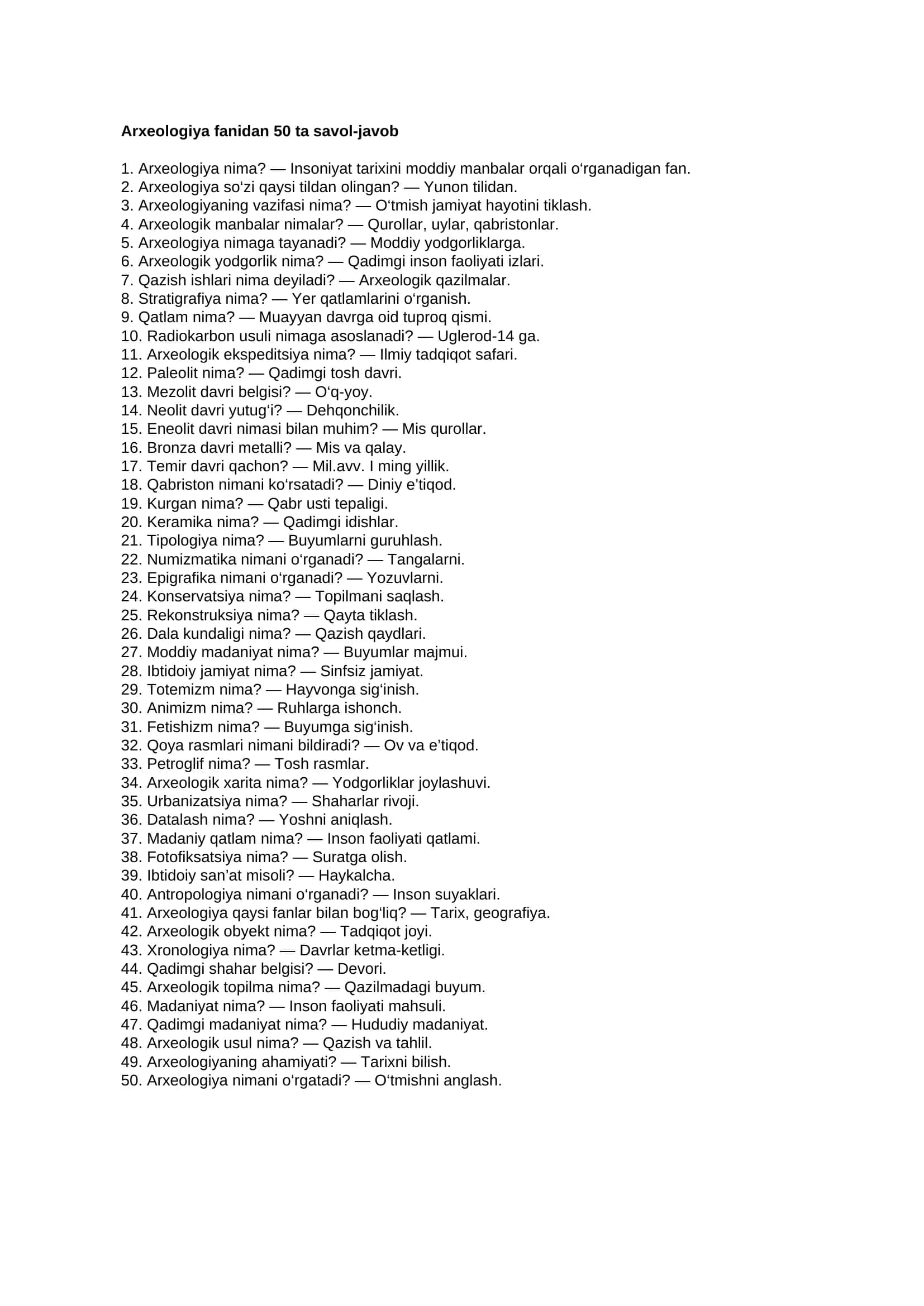 Arxeologiya fanidan 50 ta savol-javob