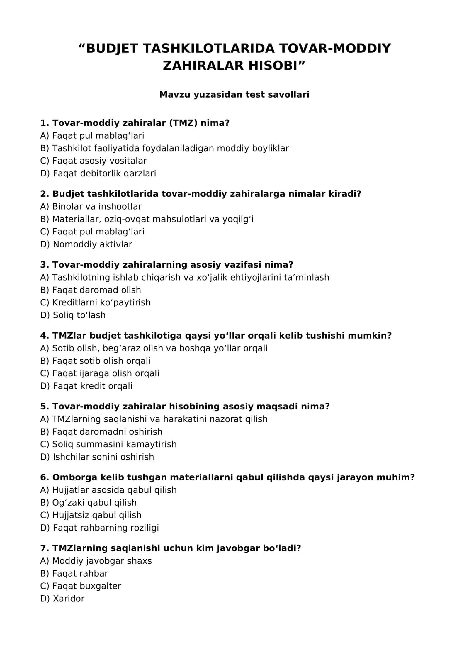 BUDJET TASHKILOTLARIDA TOVAR-MODDIY ZAHIRALAR HISOBI