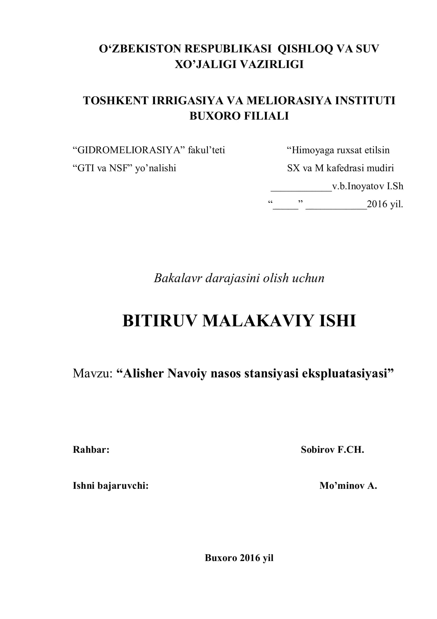 Alisher Navoiy nasos stansiyasi ekspluatasiyasi