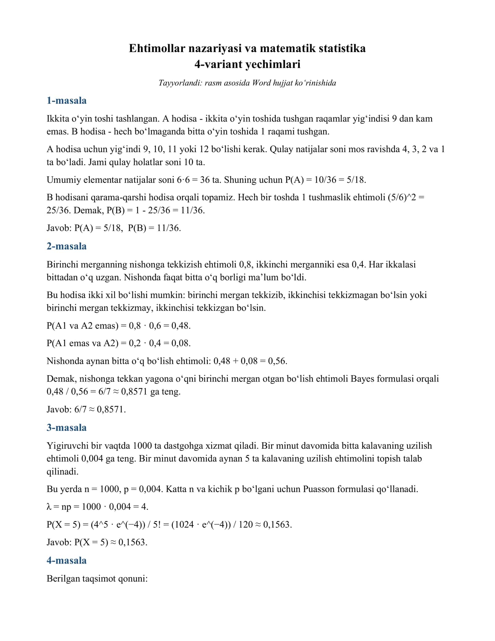 Ehtimollar nazariyasi va matematik statistika