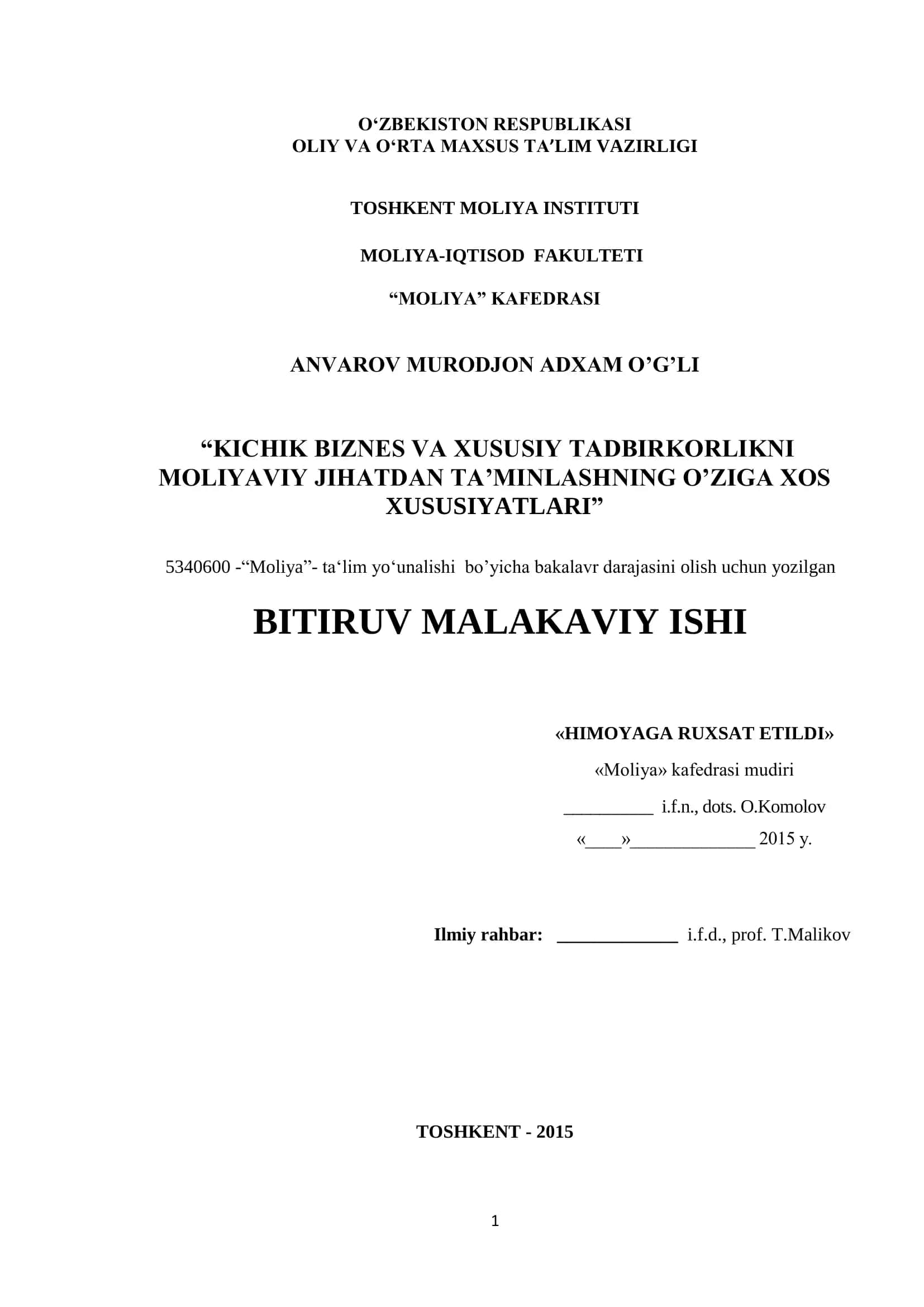 MOLIYA BITIRUV MALAKAVIY ISHI