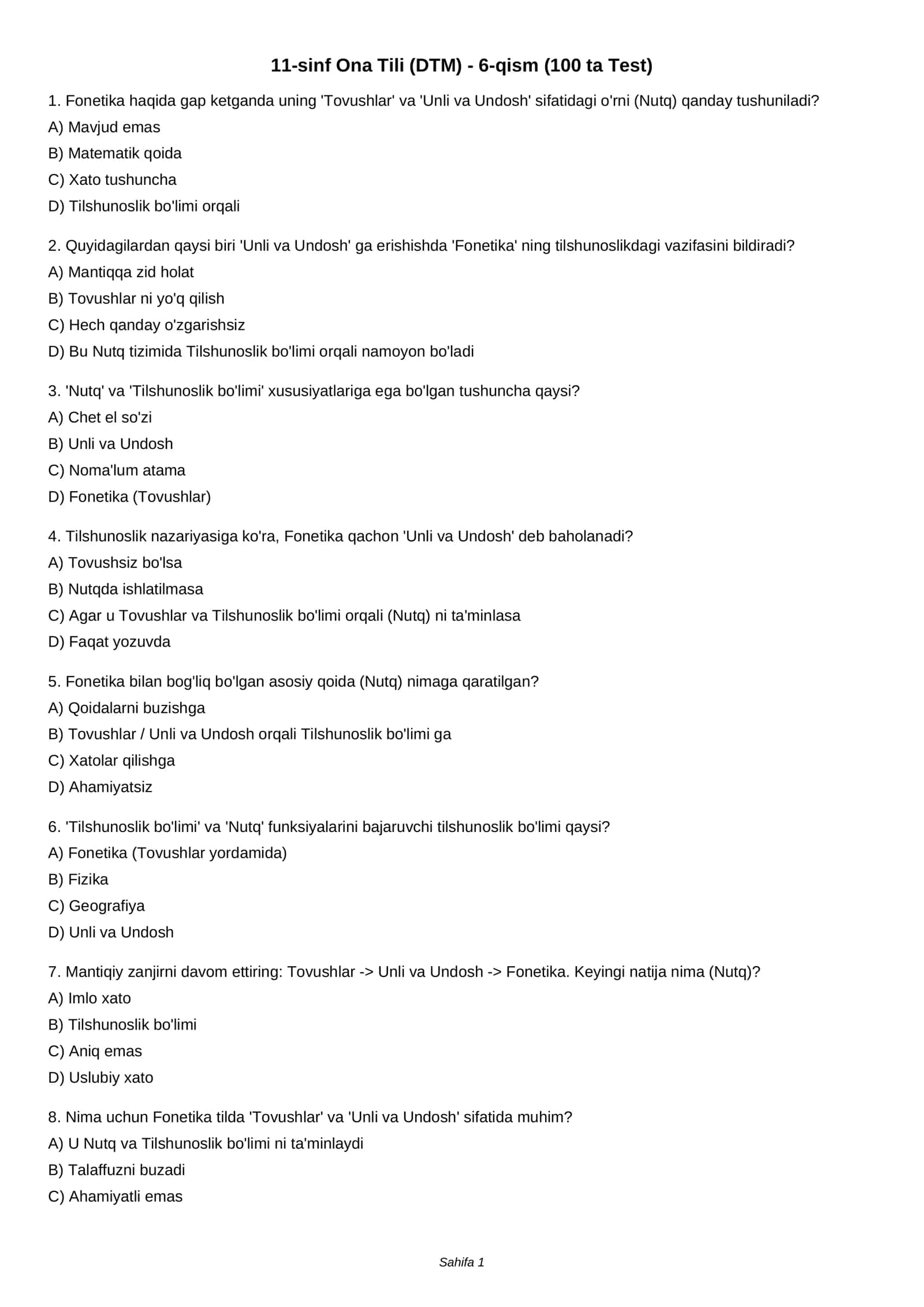 11-sinf Ona Tili (DTM) - 6-qism (100 ta Test)