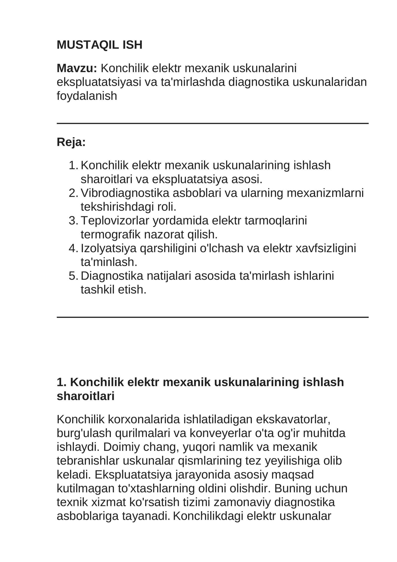 Konchilik elektr mexanik uskunalarini ekspluatatsiyasi va ta'mirlashda diagnostika uskunalaridan foydalanish
