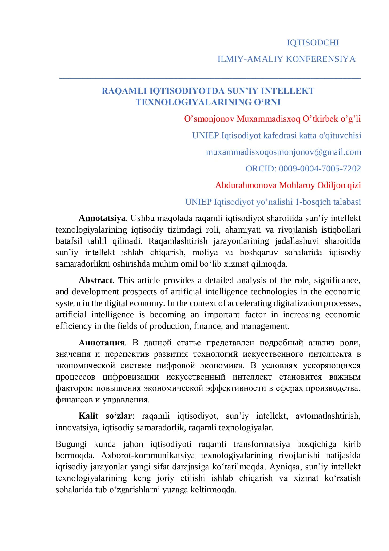 RAQAMLI IQTISODIYOTDA SUN’IY INTELLEKT TEXNOLOGIYALARINING O‘RNI