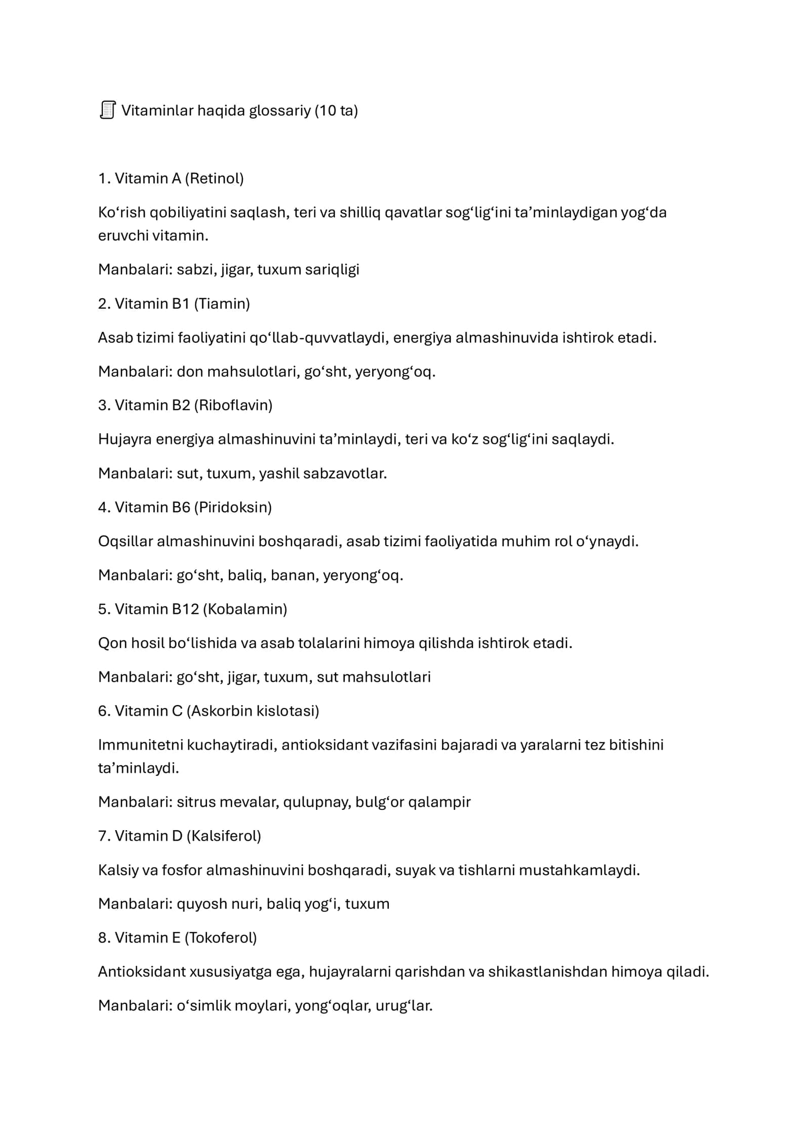 Vitaminlar haqida glossariy (10 ta)