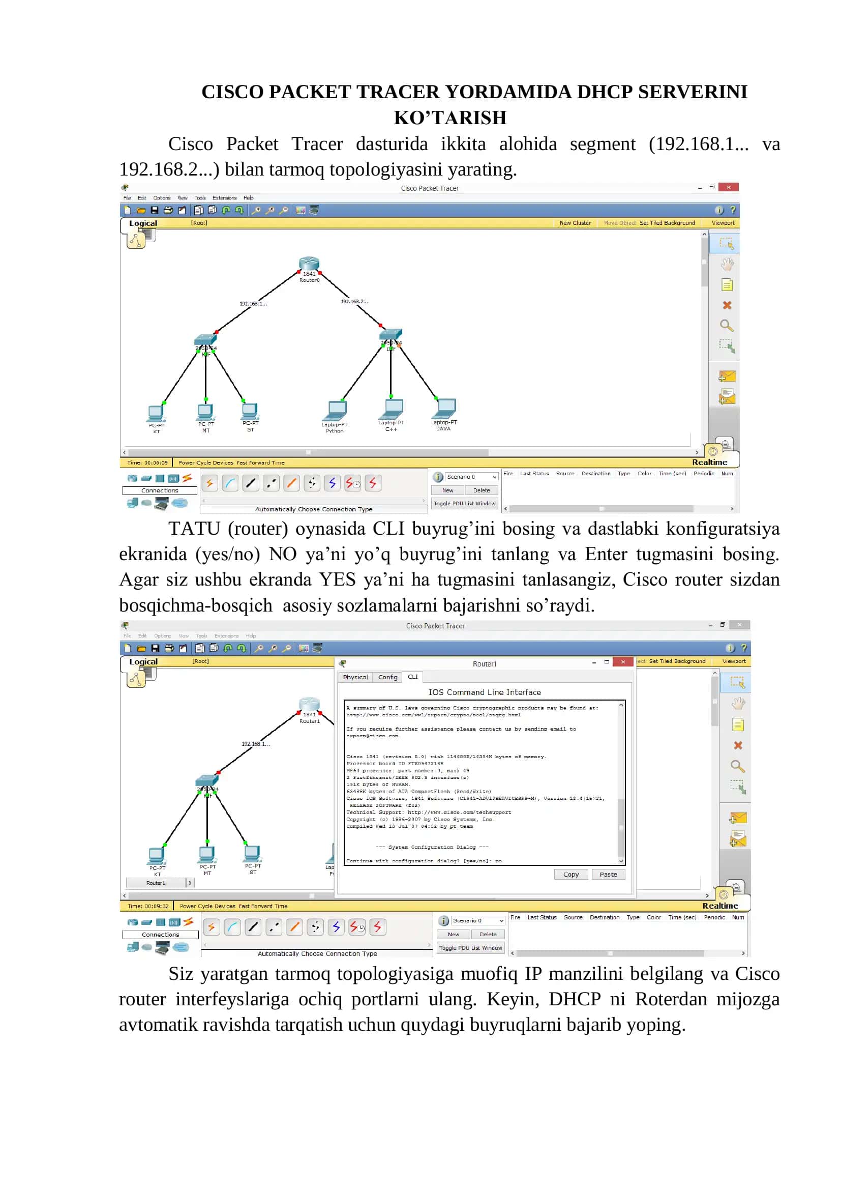 CISCO PACKET TRACER YORDAMIDA DHCP SERVERINI KO’TARISH