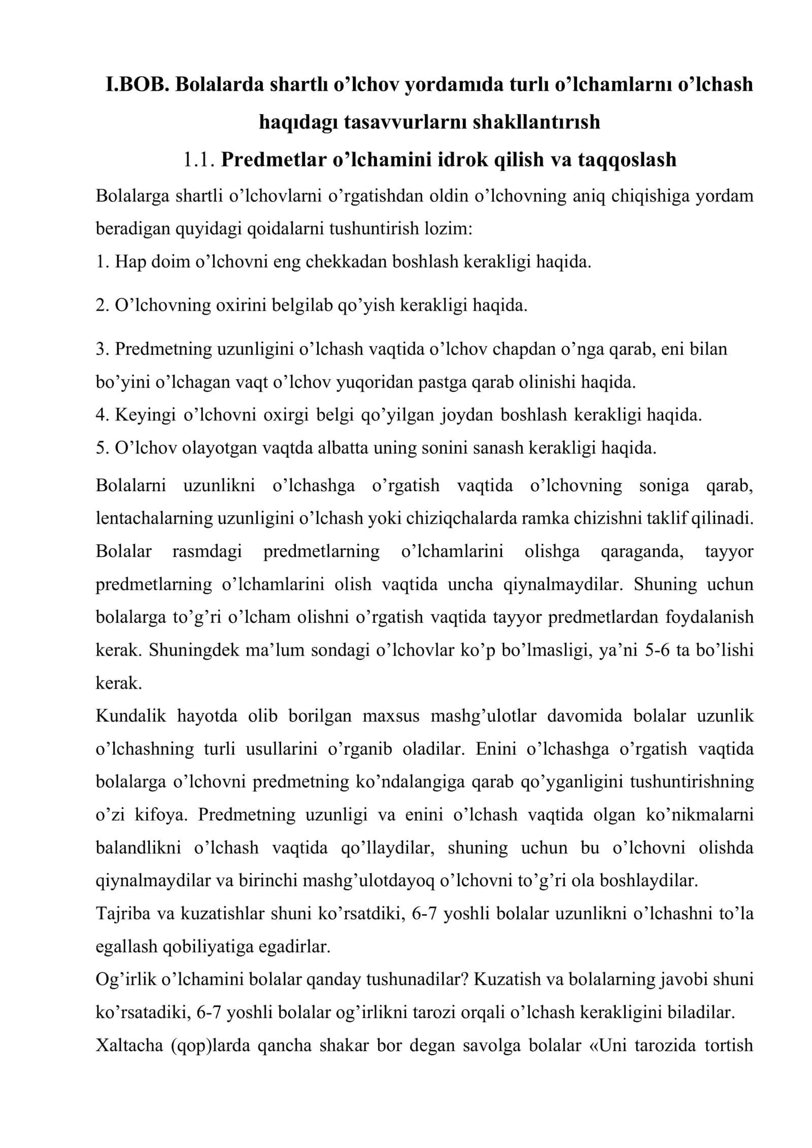 Bolalarda shartlı o’lchov yordamıda turlı o’lchamlarnı o’lchash haqıdagı tasavvurlarnı shakllantırısh