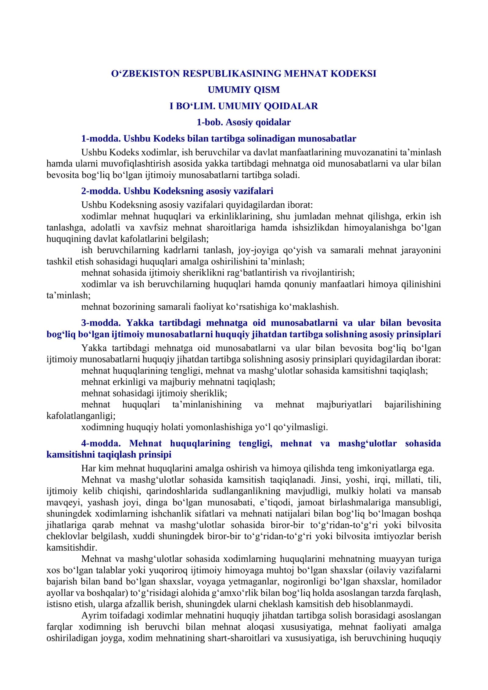 O‘ZBEKISTON RESPUBLIKASINING MEHNAT KODEKSI
