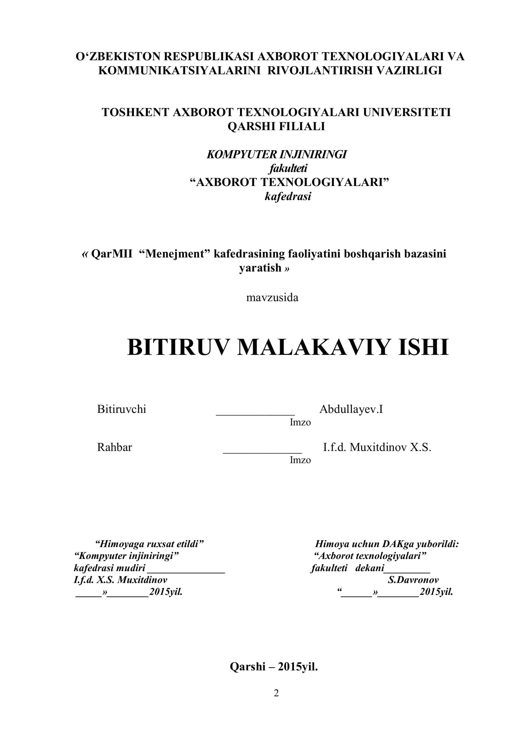 Menejment kafedrasining faoliyatini boshqarish bazasini yaratish 1