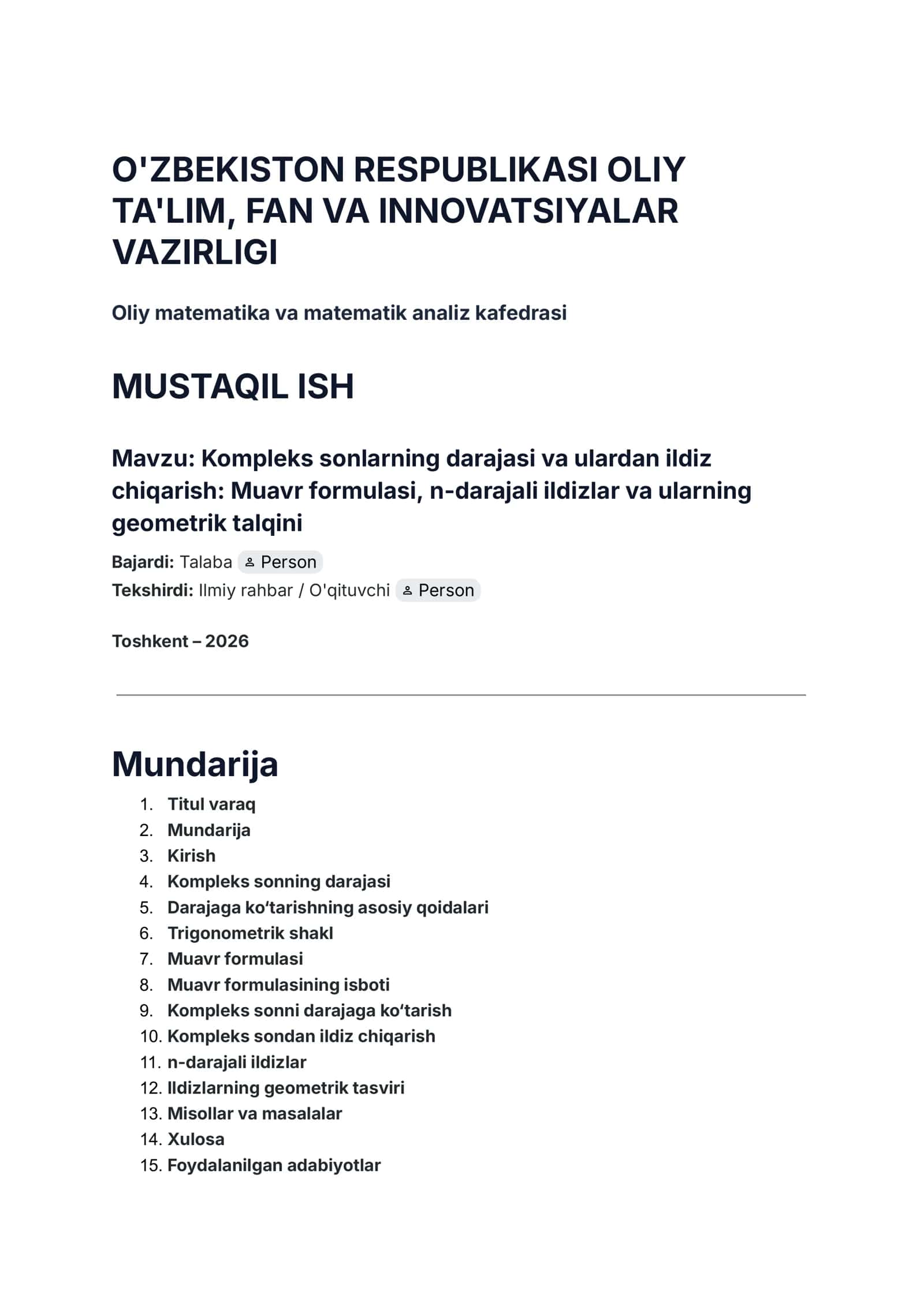 Oliy matematika va matematik analiz kafedrasi