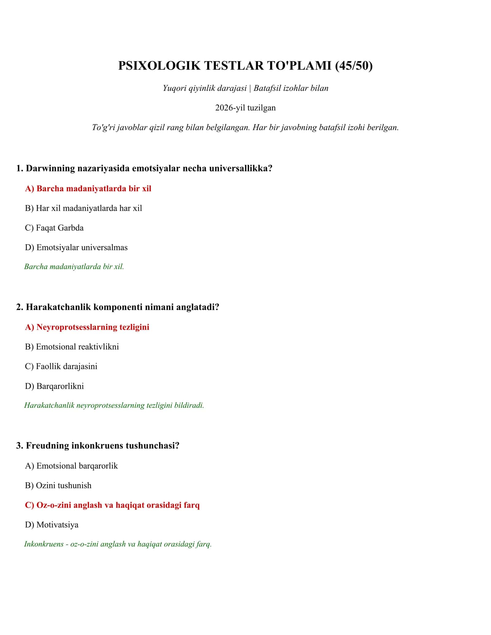 PSIXOLOGIK TESTLAR TO'PLAMI (45/50)