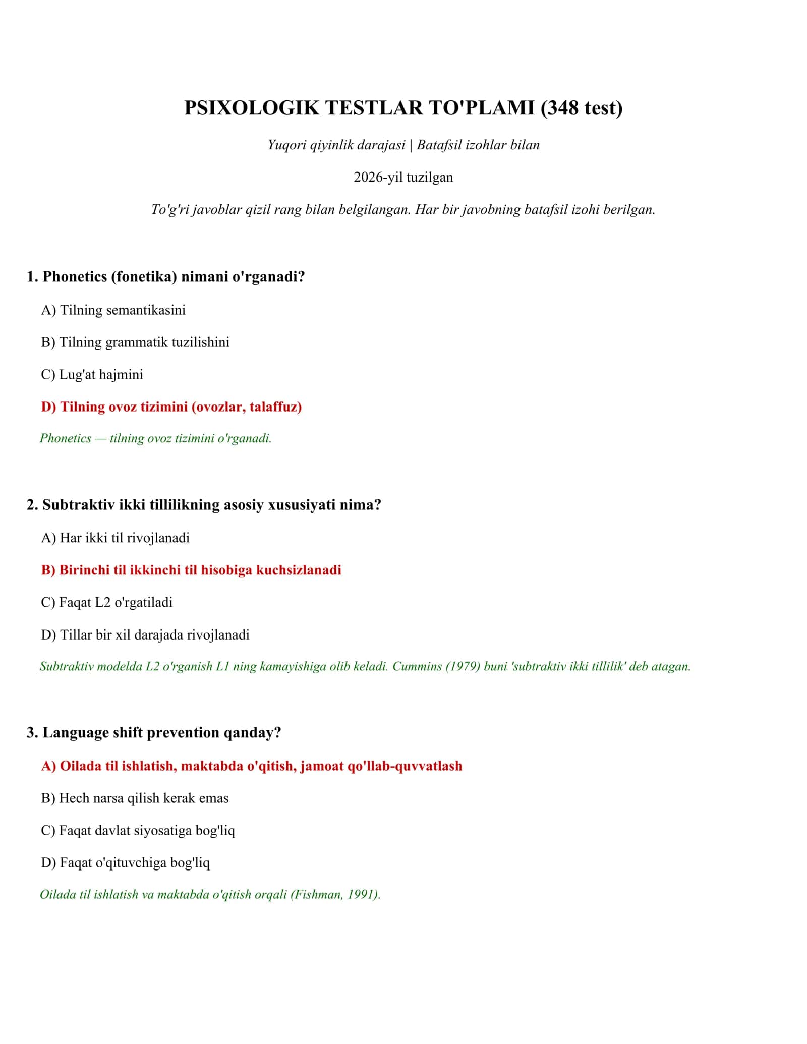 PSIXOLOGIK TESTLAR TO'PLAMI (348 test)