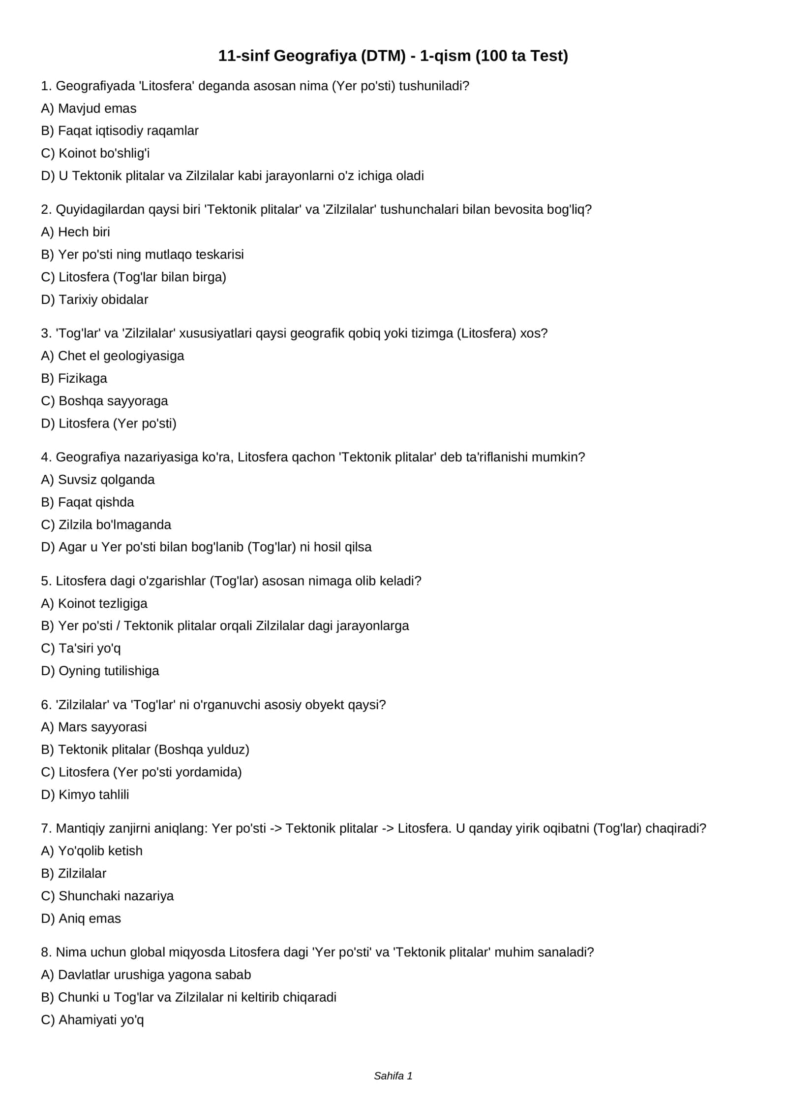 11-sinf Geografiya (DTM) - 1-qism (100 ta Test)
