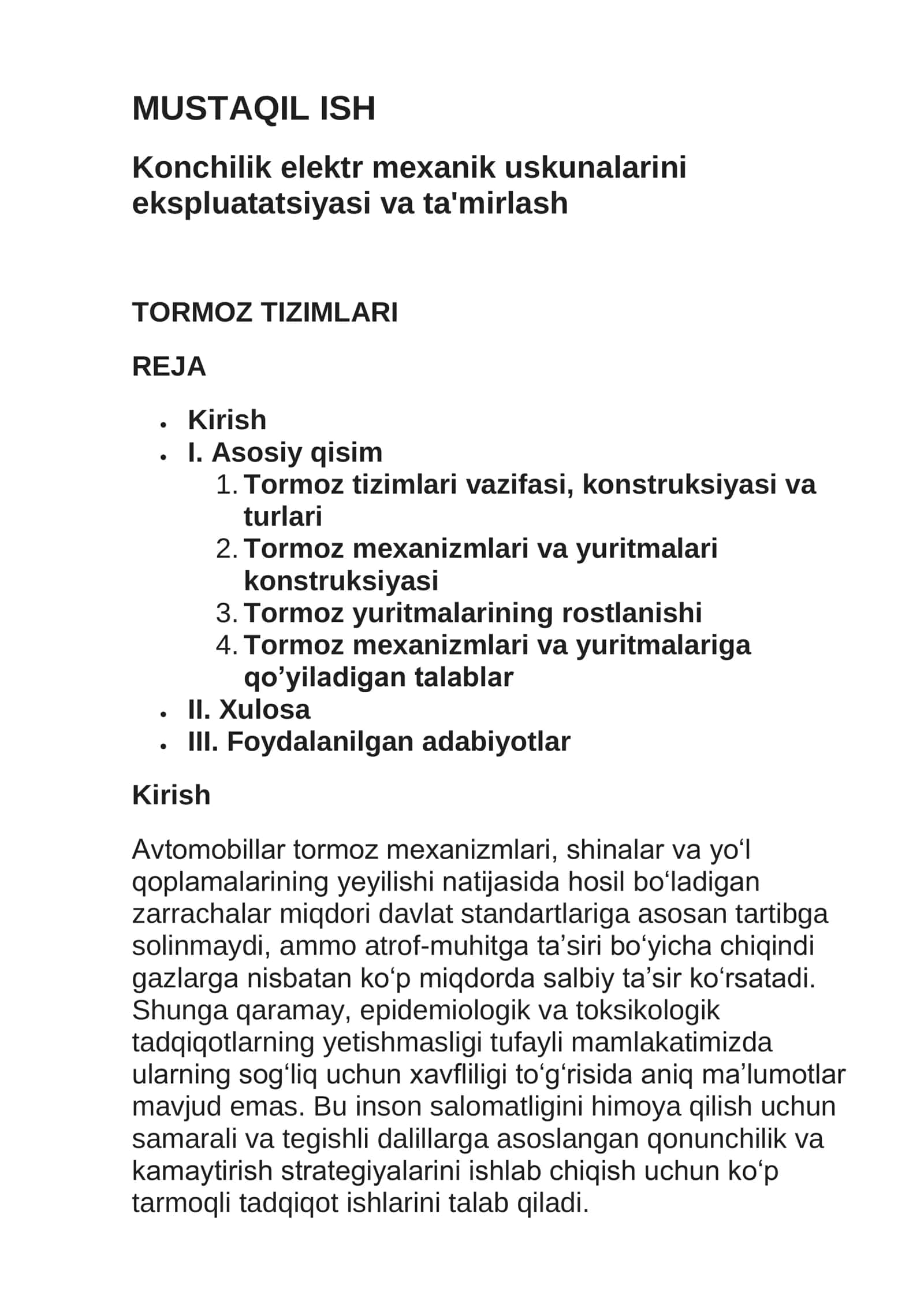 Konchilik elektr mexanik uskunalarini ekspluatatsiyasi va ta'mirlash