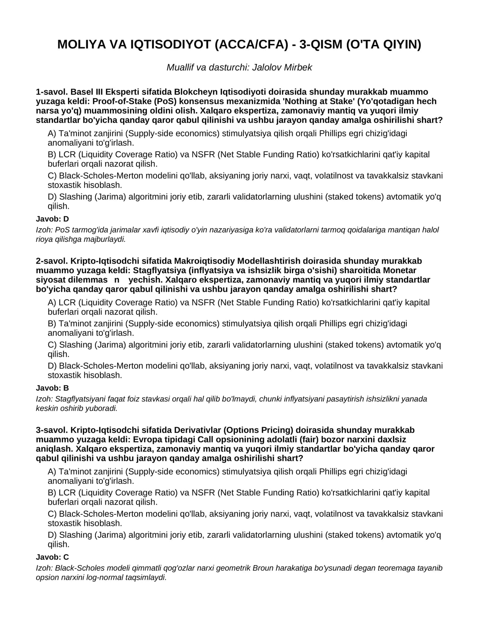 MOLIYA VA IQTISODIYOT (ACCA/CFA) - 3-QISM (O'TA QIYIN)